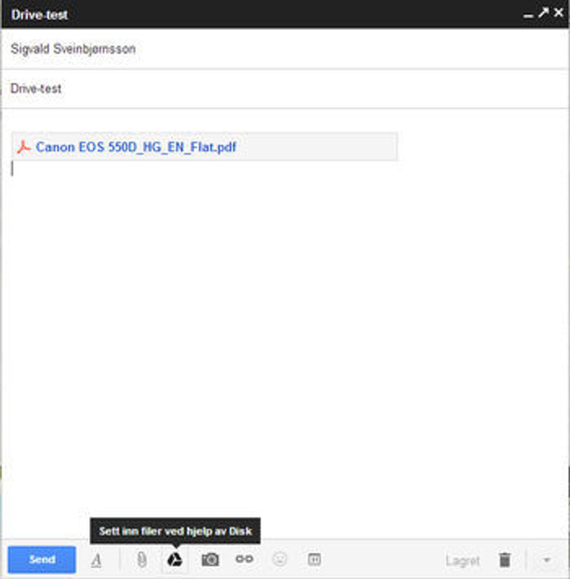 Deling av filer fra Google Drive (Disk) via den nye dialogen for ny e-post i Gmail.
