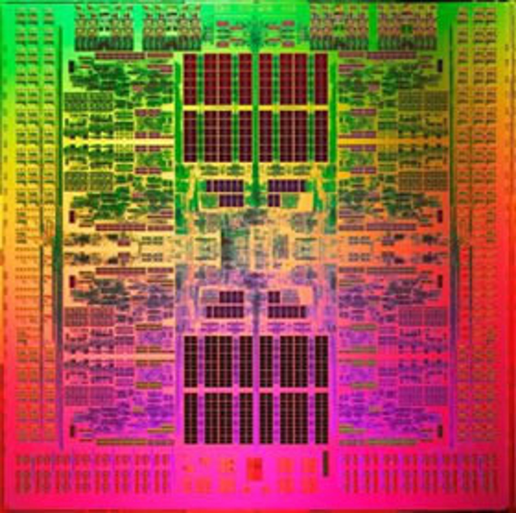 På dette spesialbehandlede bildet trer de åtte kjernene i Sparc 64 VIIIfx-prosessoren tydelig fram. K skal inneholde 80.000 prosessorer av denne typen.