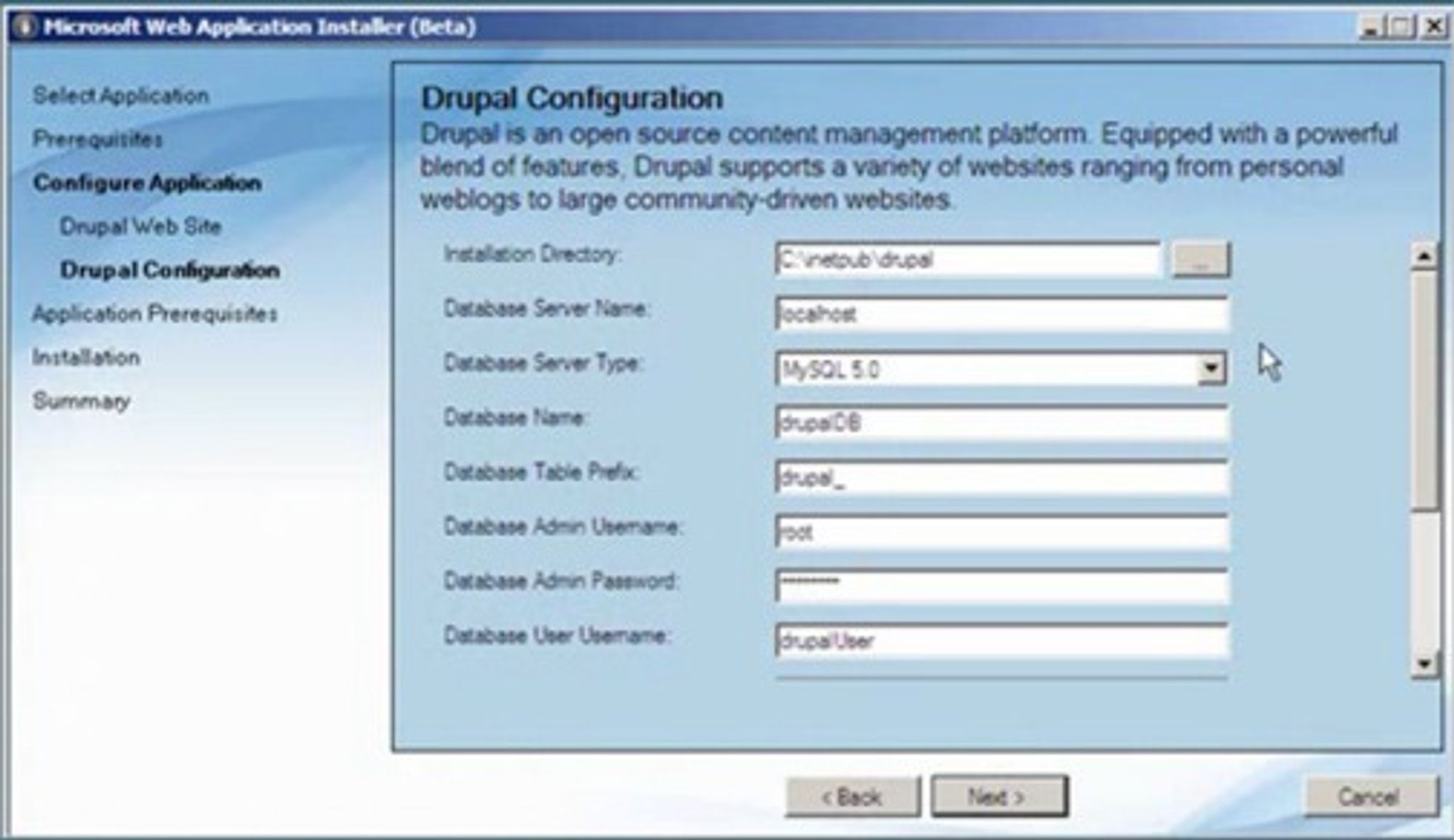 Microsoft Web Application Installer - installasjon av Drupal