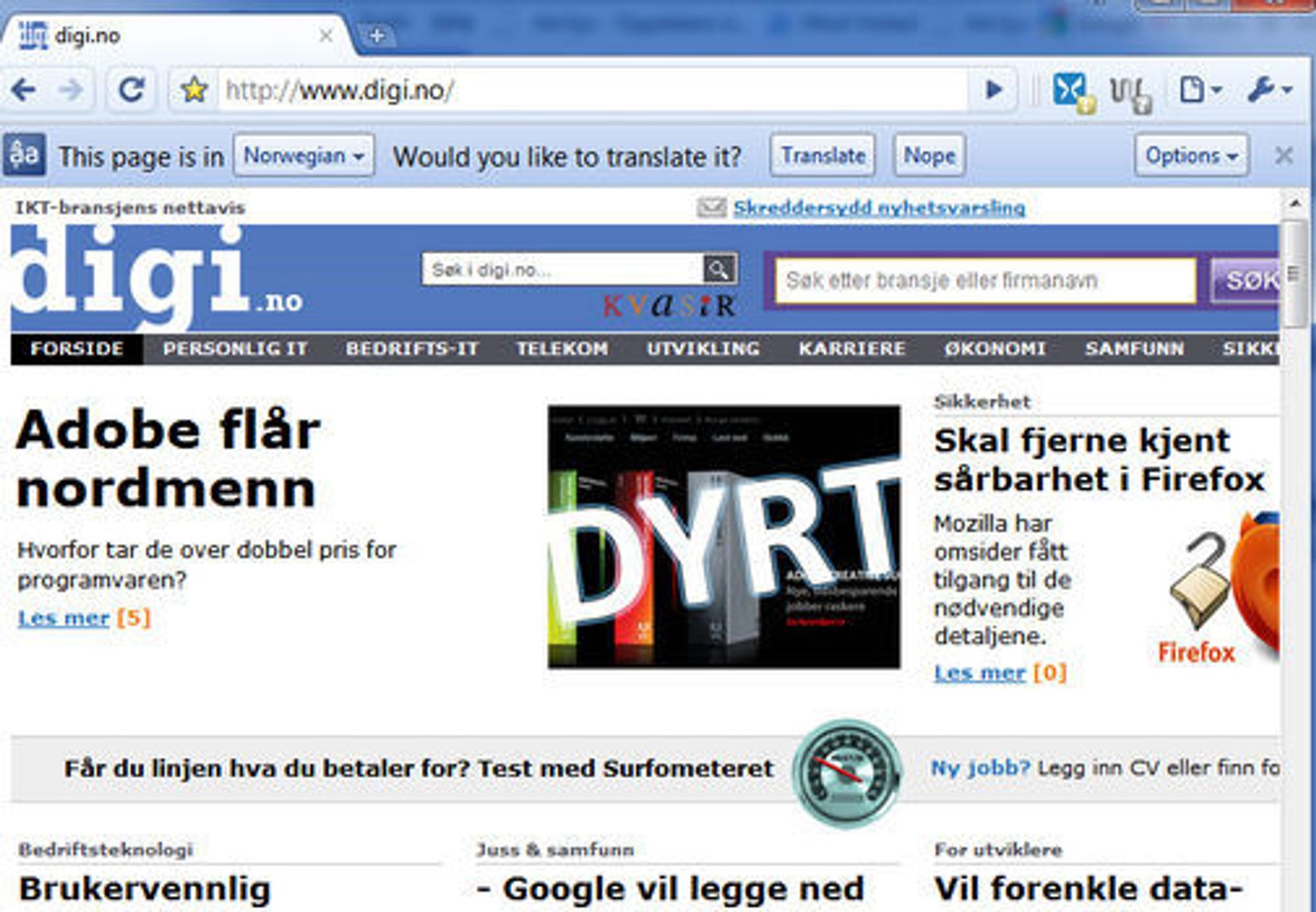 En engelskspråklig versjon av Google Chrome spør om en norskspråklig webside skal oversettes.
