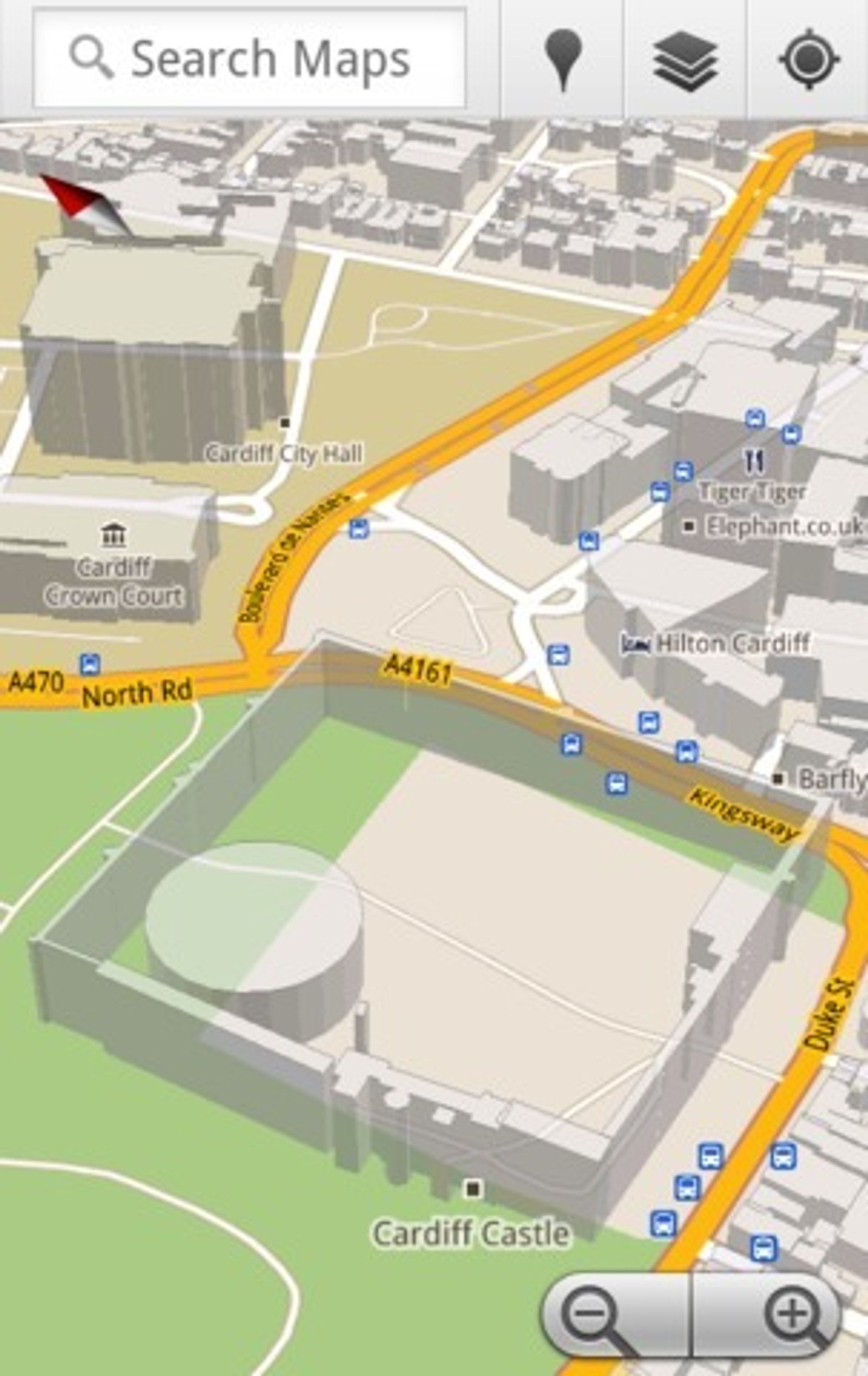 3D-visning av Cardiff Castle i Google Maps 5.0 for Android.