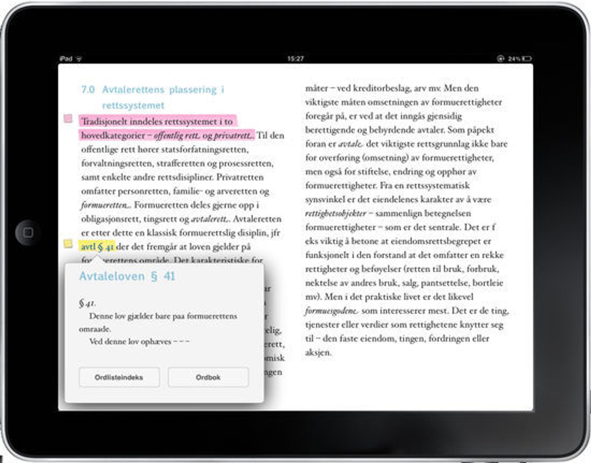Skjermbilde av iPad utgaven til en av Gyldendals fagbøker innen jus. 
