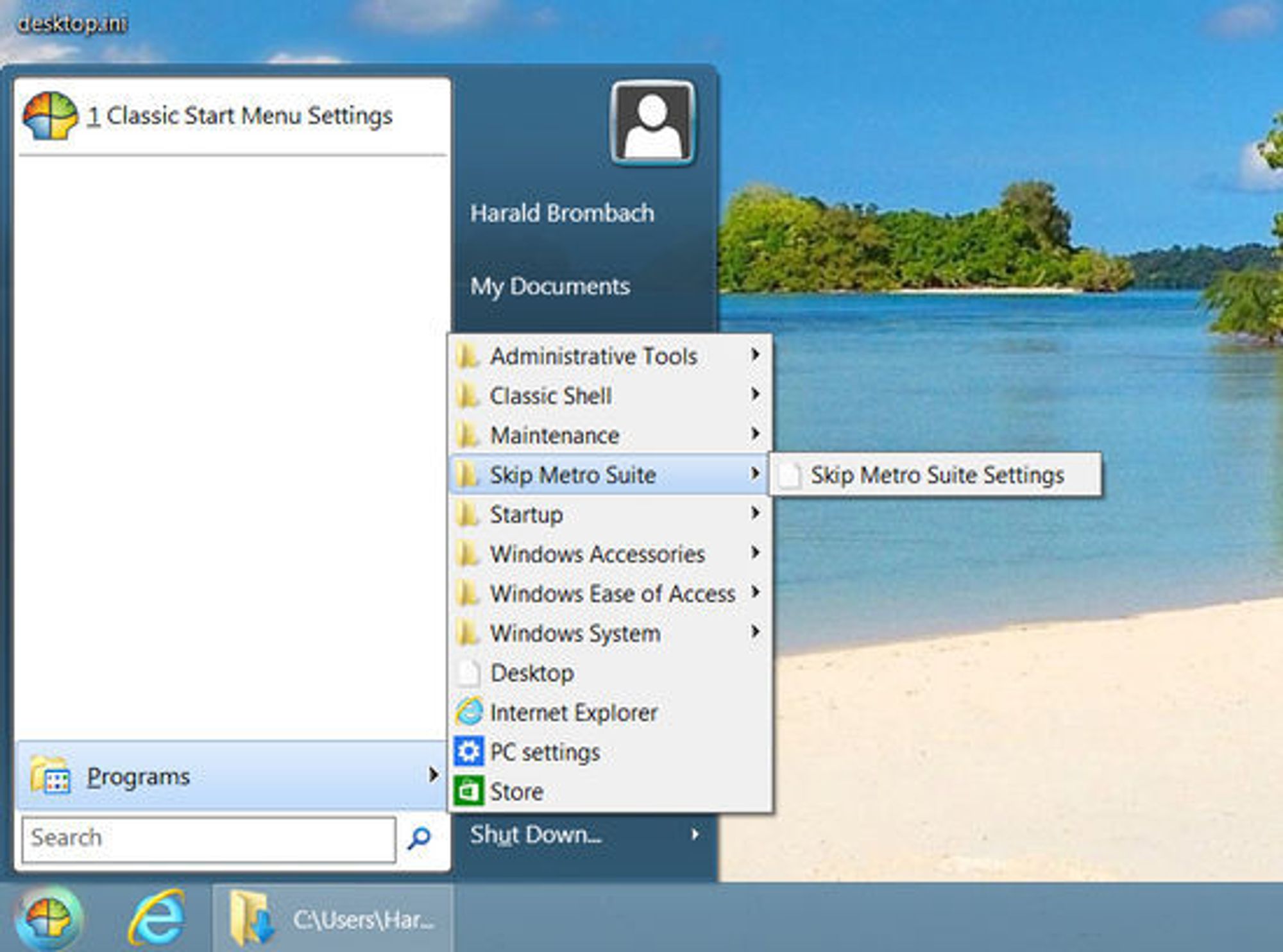 Windows 8 med en klassisk startmeny, muliggjort med tredjepartsapplikasjonen Classic Shell.