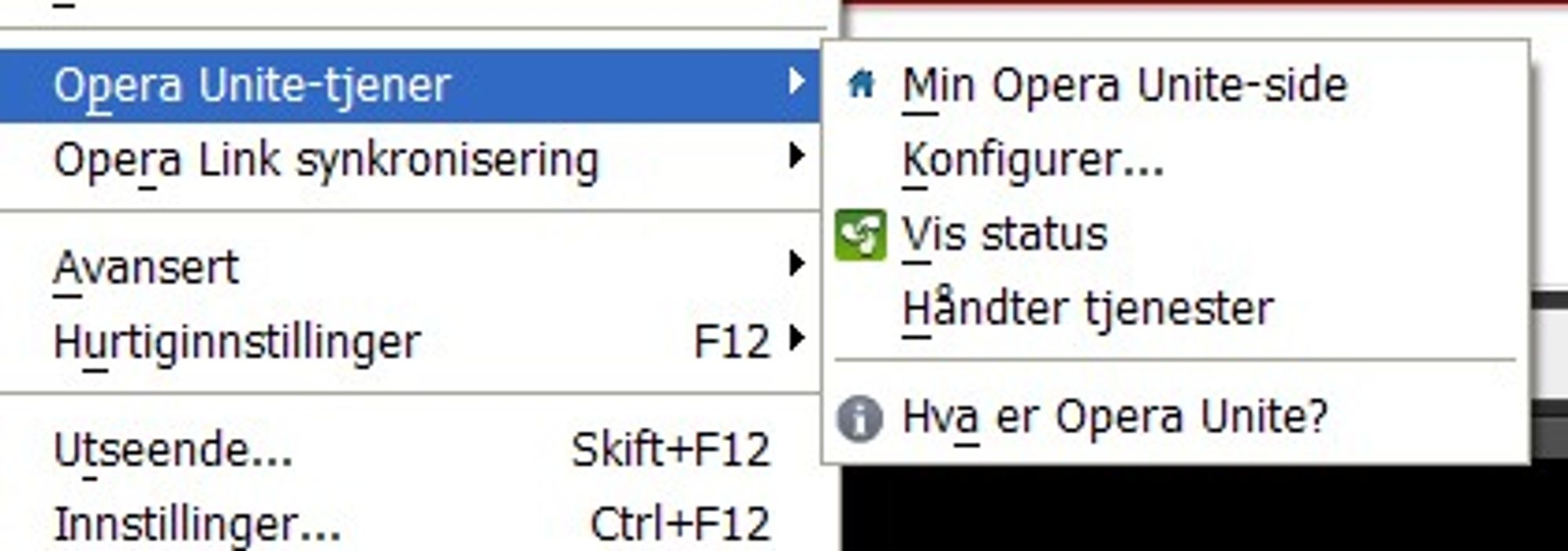 Menyvalgene for Opera Unite i Opera 10 beta