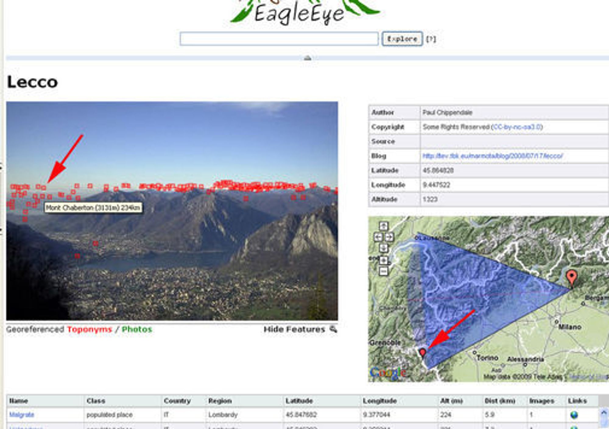 Bilde av EagleEye-tjenesten. Pilene peker på det samme objektet, men vist på to helt forskjellige måter.