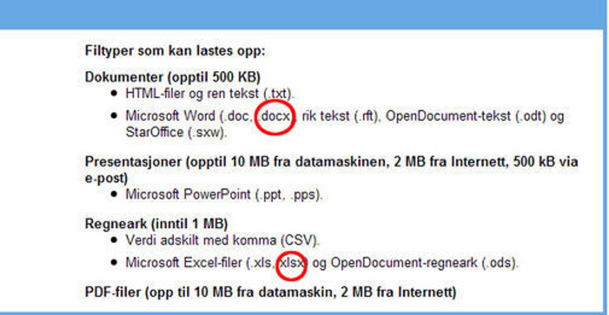 Filtyper som kan lastes opp i Google Dokumenter.