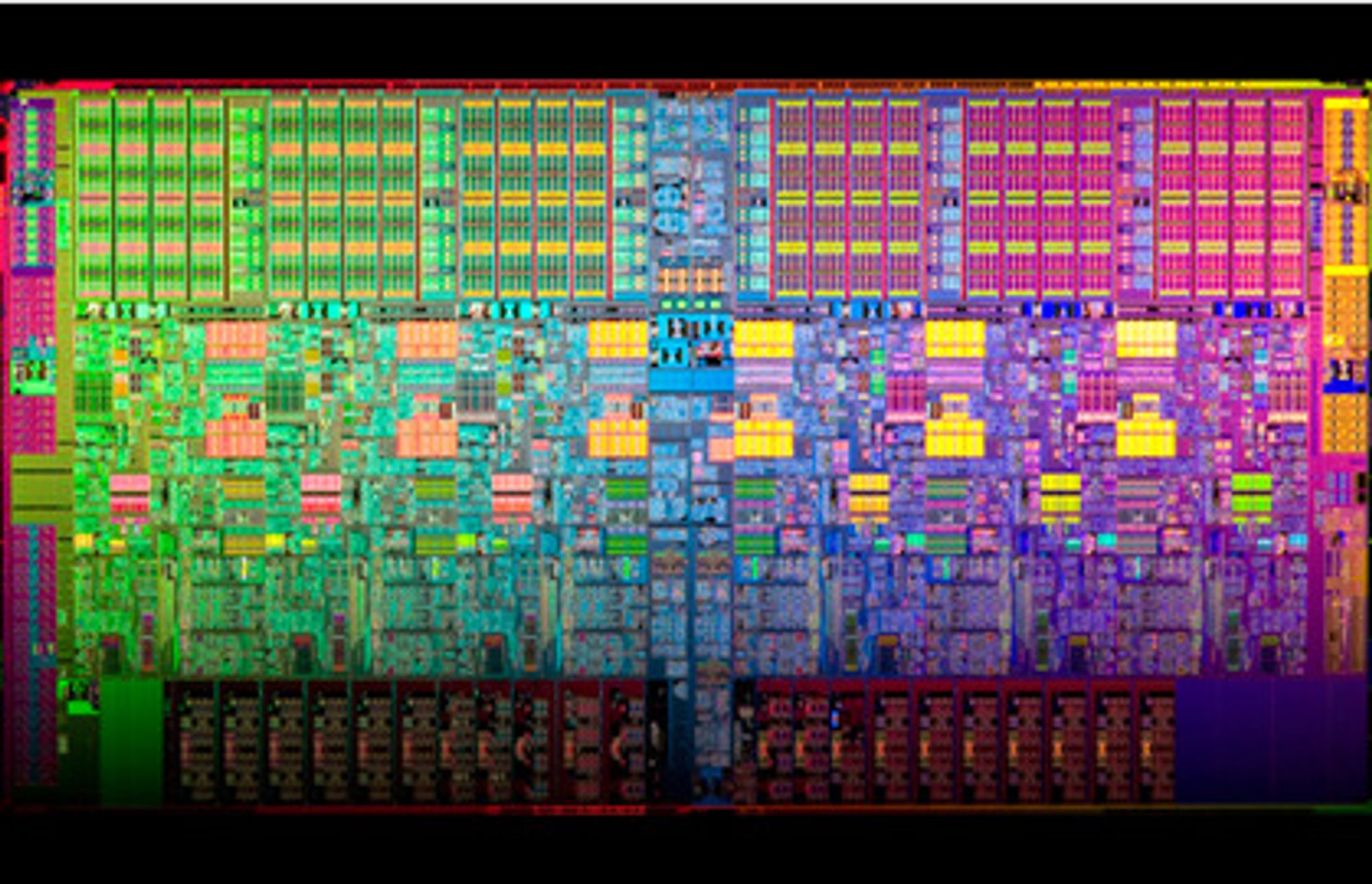 Intel elsker å fotografere innmaten i sine prosessorer i dramatiske farger. Dette er en sekskjernet Xeon 5600.