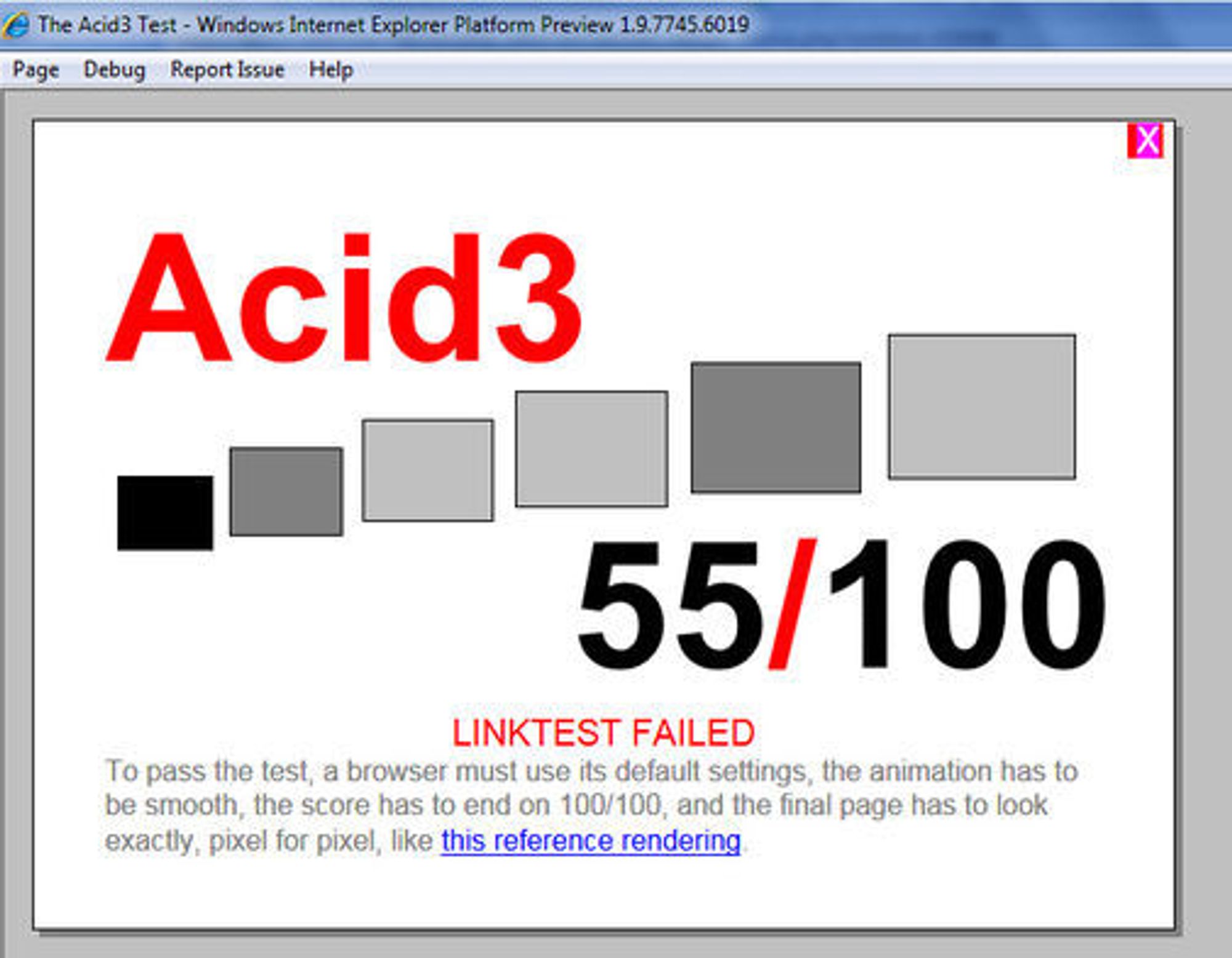 Testversjonen av IE9 greier 55 av 100 deltester i Acid3-testen. 