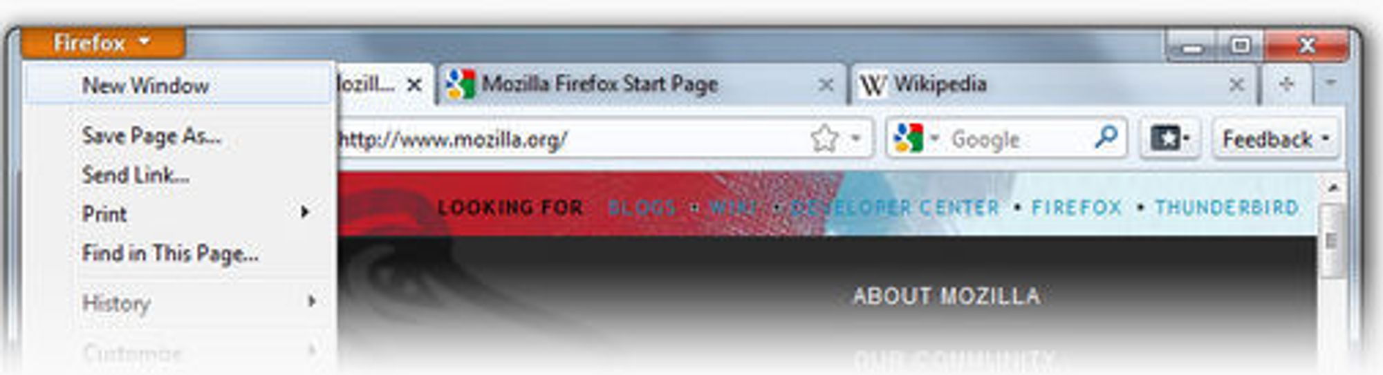 Foreløpig utseende på Firefox-knappen og fanene som er plassert i toppen av vinduet i Firefox 4 Beta 1.
