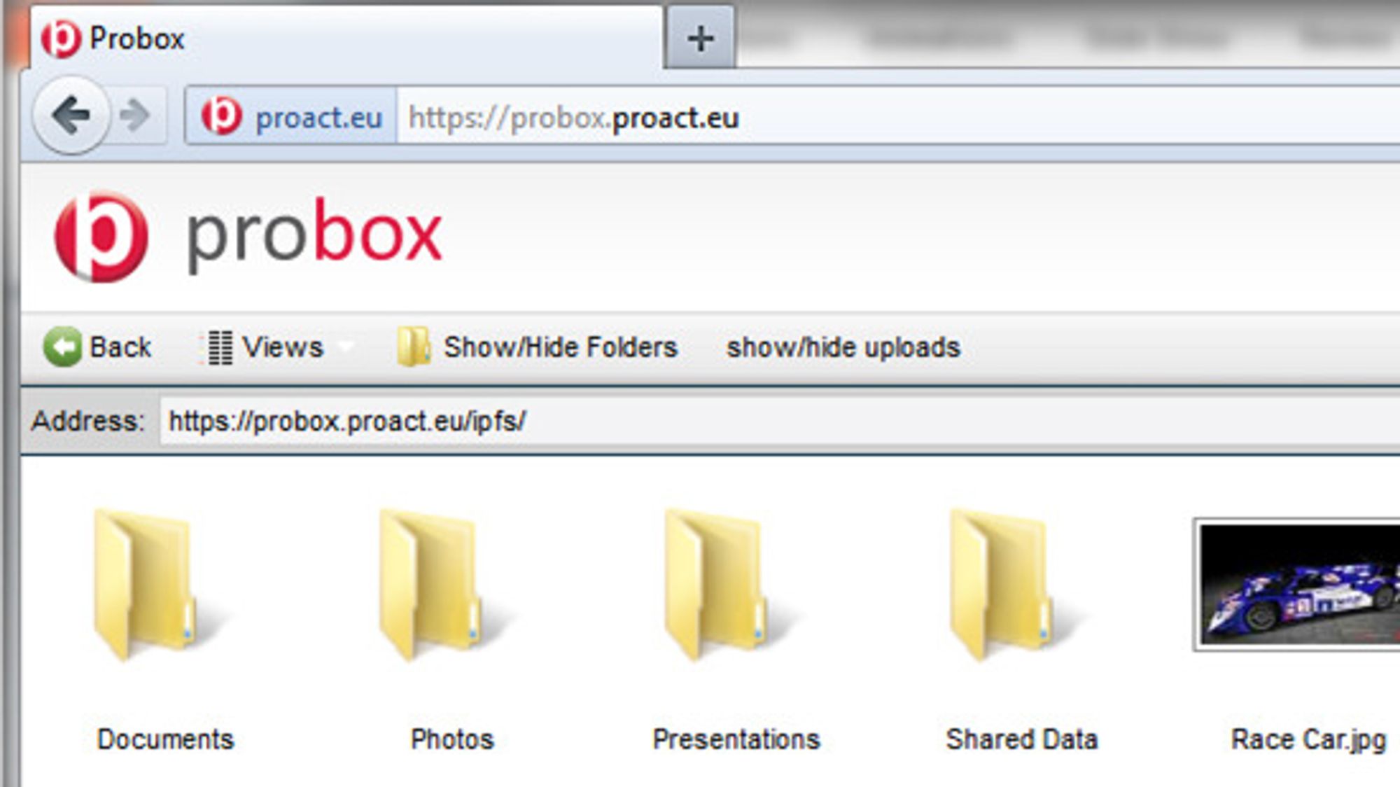 Integrert WebDAV innebærer at Probox er tilgjengelig også på pc-er, nettbrett og mobiltelefoner uten egen app eller klient. Her vises Proacts egne Probox-mapper i en nettleser på en pc.