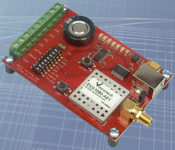 Evalueringskortet EVA1080-A51 med den nye GPS-modulen.