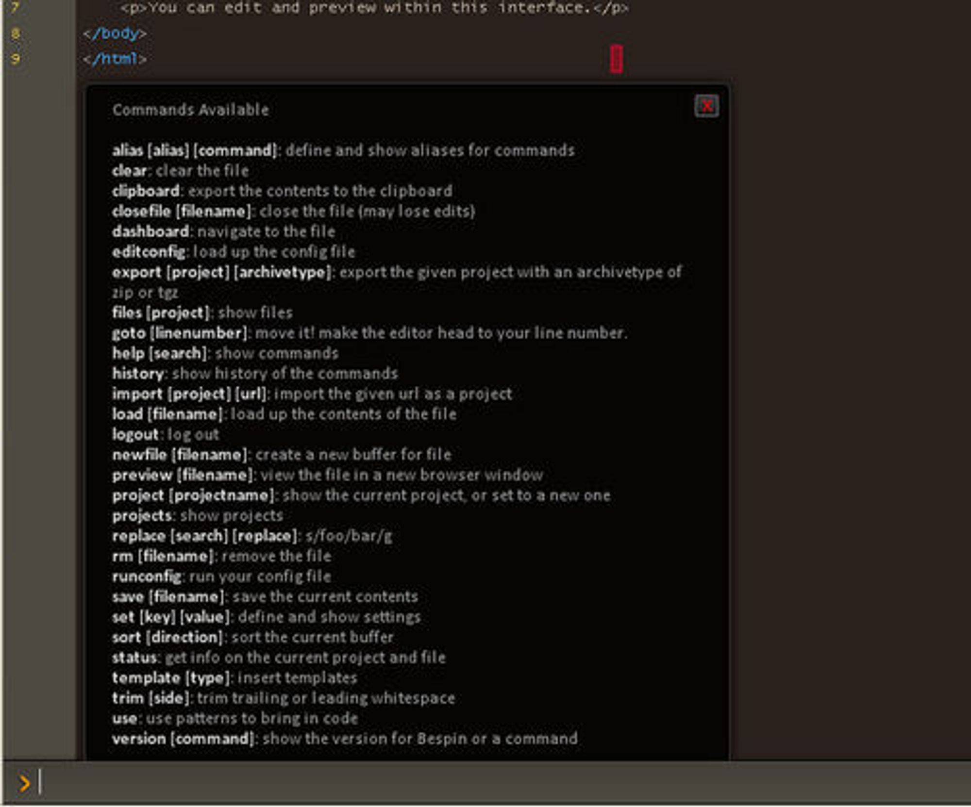 Tilgjengelige kommandoer i Mozilla Bespin 0.11.