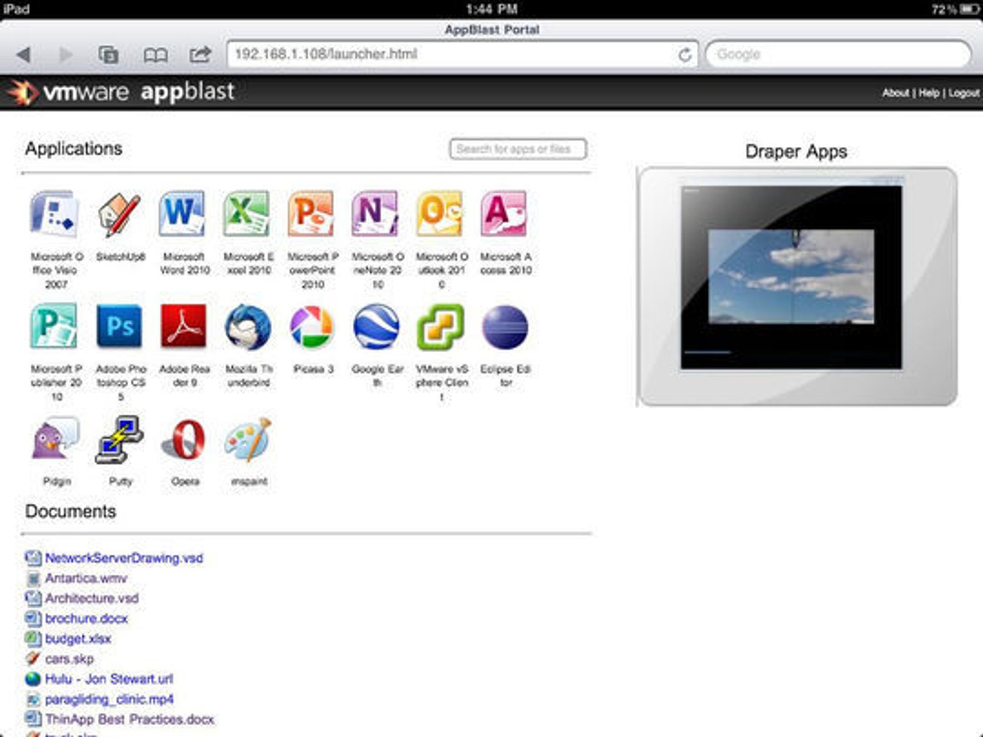 AppBlast portal vist i nettleseren på en iPad.