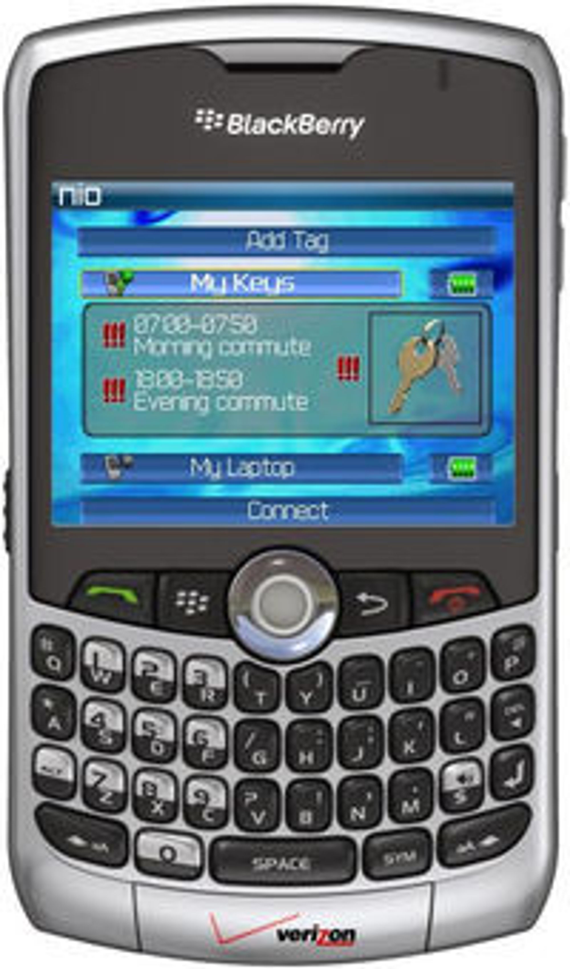 Nio på Blackberry: Skjermen viser at Nio-brikken på nøkkelringen er aktiv hver dag fra 0700 til 0750 og fra 1800 til 1850. Alle brikkene man har, styres fra Nio-programmet på mobiltelefonen.