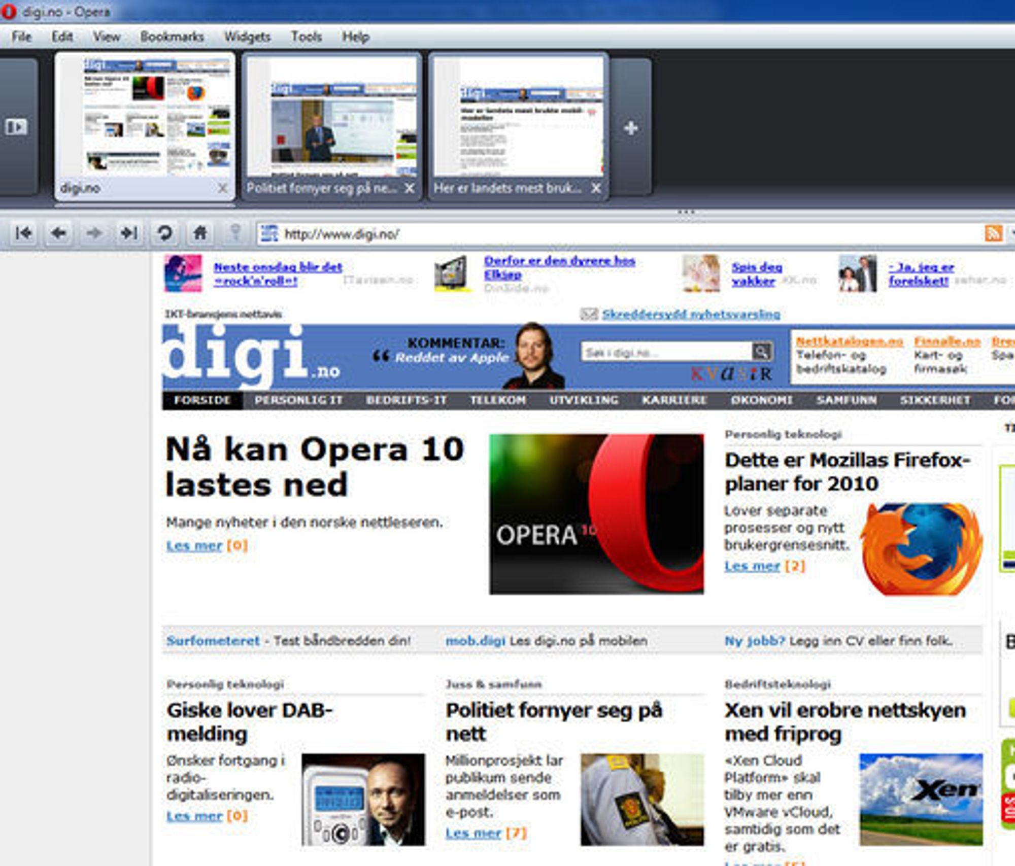 Opera 10 med websideminiatyrer i fanefeltet