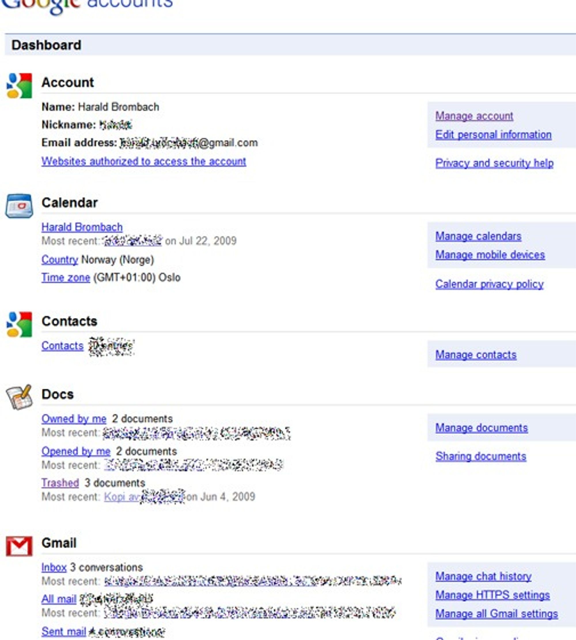 Google Dashboard viser data og statistikk fra en rekke Google-tjenester, blant annet de som vises her.