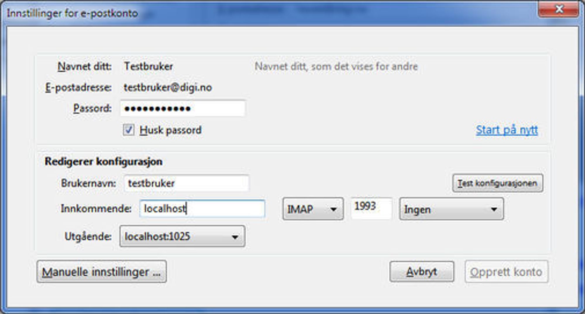 Oppsettet for innkommende e-post, i dette tilfellet basert på IMAP.