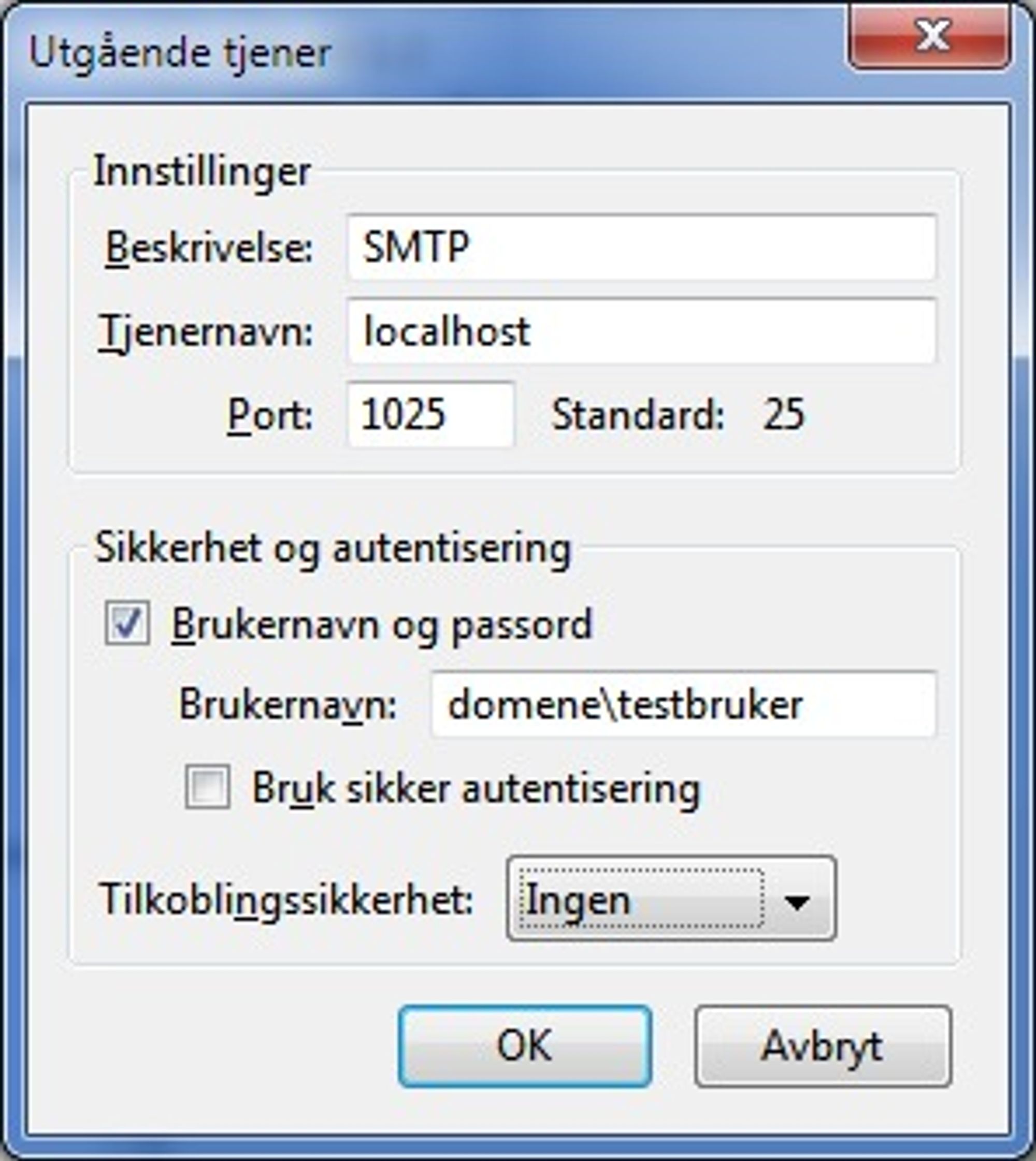 Oppsettet for SMTP, altså utgående e-post.