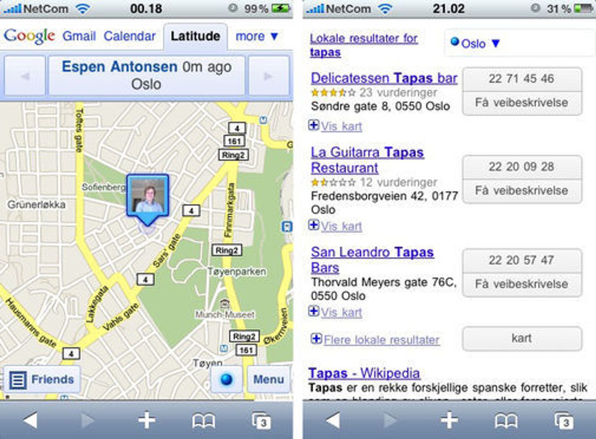 Posisjonering med Google Latitude og lokalt søk.