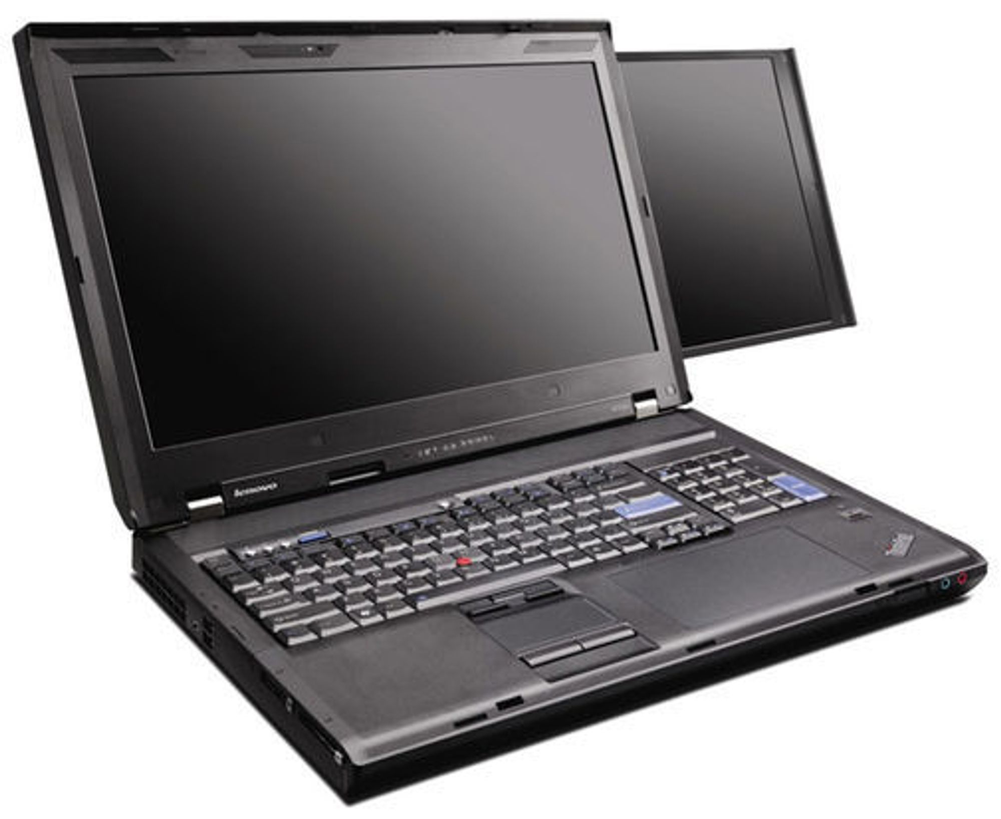 Lenovo Thinkpad W700ds med to skjermer, tegnebrett og numerisk tastatur.