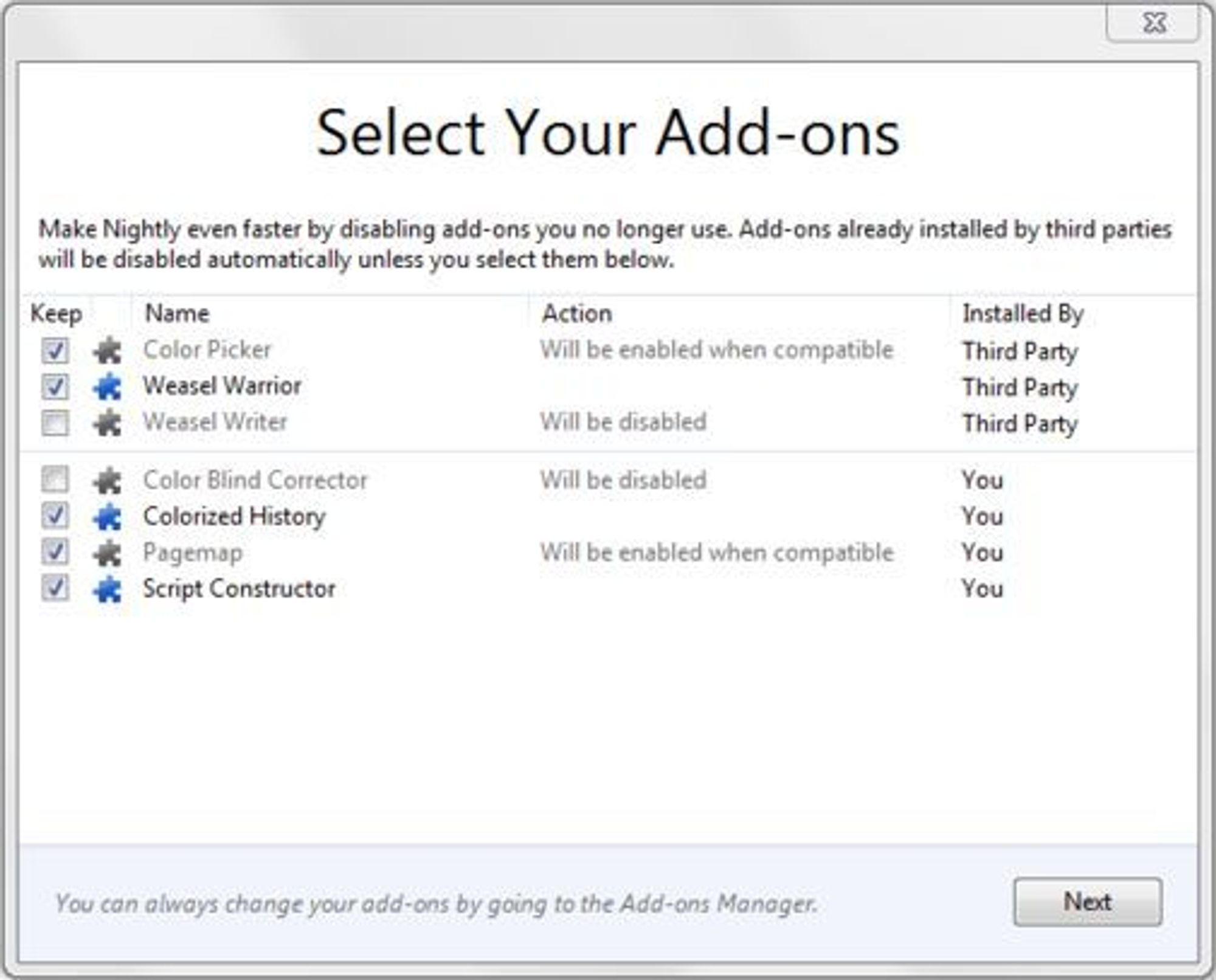 I Firefox 8 blir brukerne spurt om hvilke tredjepartsinstallerte nettleserutvidelser som skal forbli aktive.