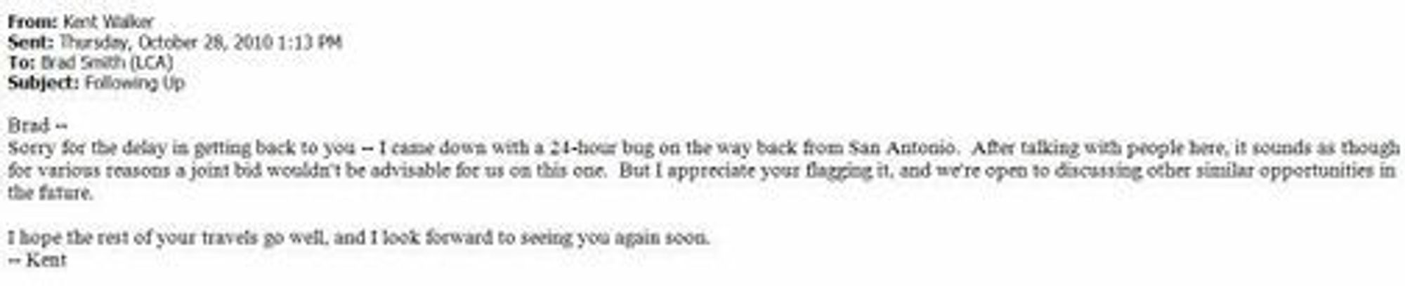 E-post til Microsofts Brad Smith hvor Googles Kent Walker takker nei til å kjøpe Novell-patenter sammen med Microsoft.