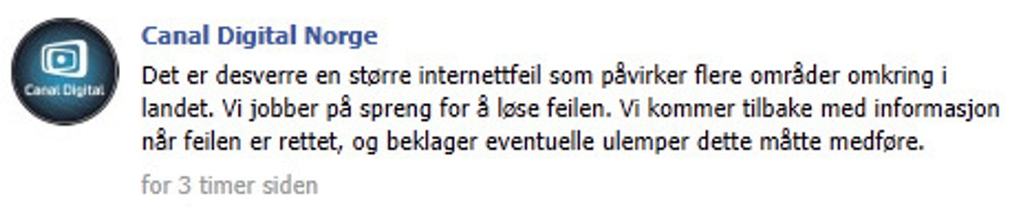 Facebook-melding fra Canal Digital Norge.