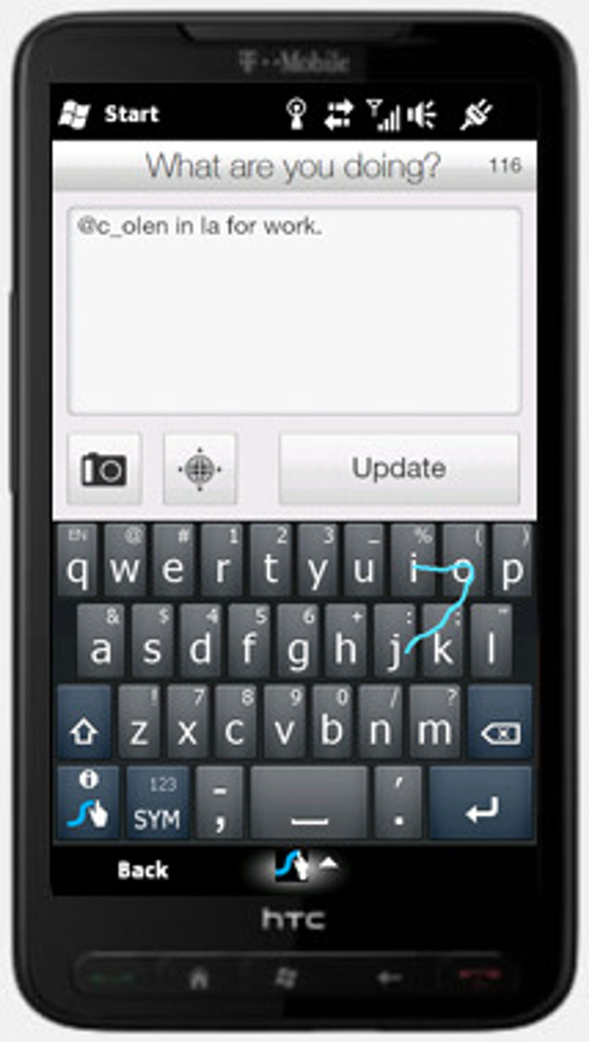 Swype på HTC HD2, under Windows Mobile. Programmet aktiveres med knappen nederst til venstre på det virtuelle tastaturet.