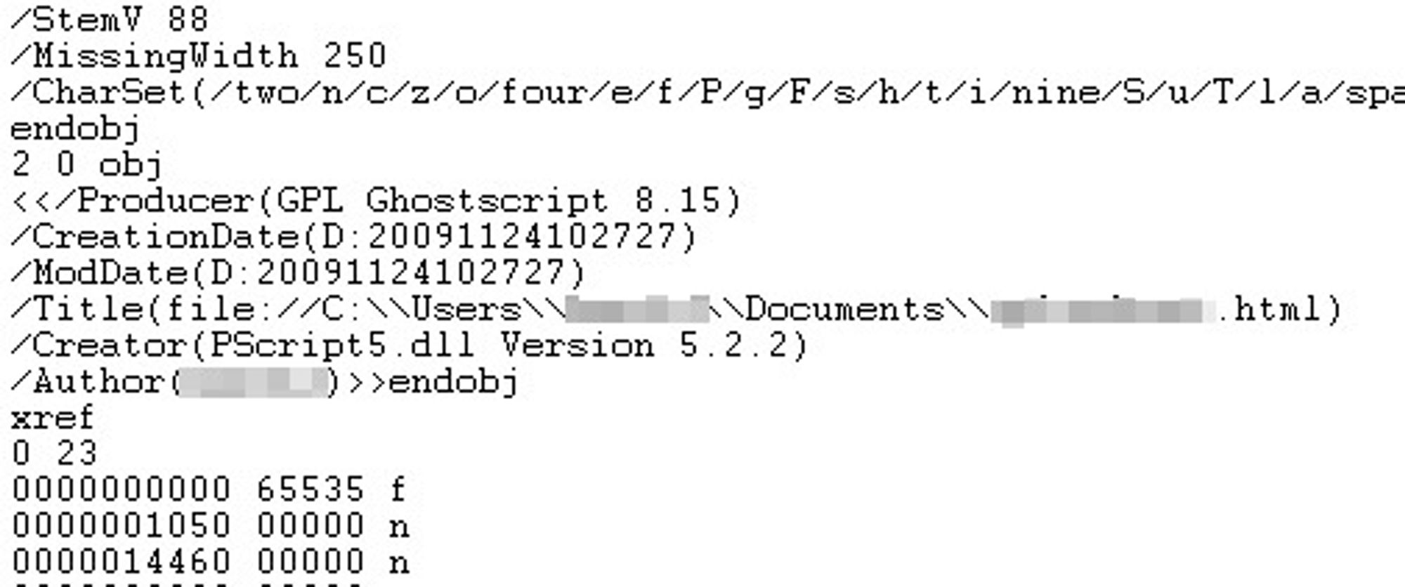 Linjen med /Title forteller i dette tilfellet hvor originalfilen til PDF-dokumentet befant seg da den ble skrevet ut til PDF med Internet Explorer.