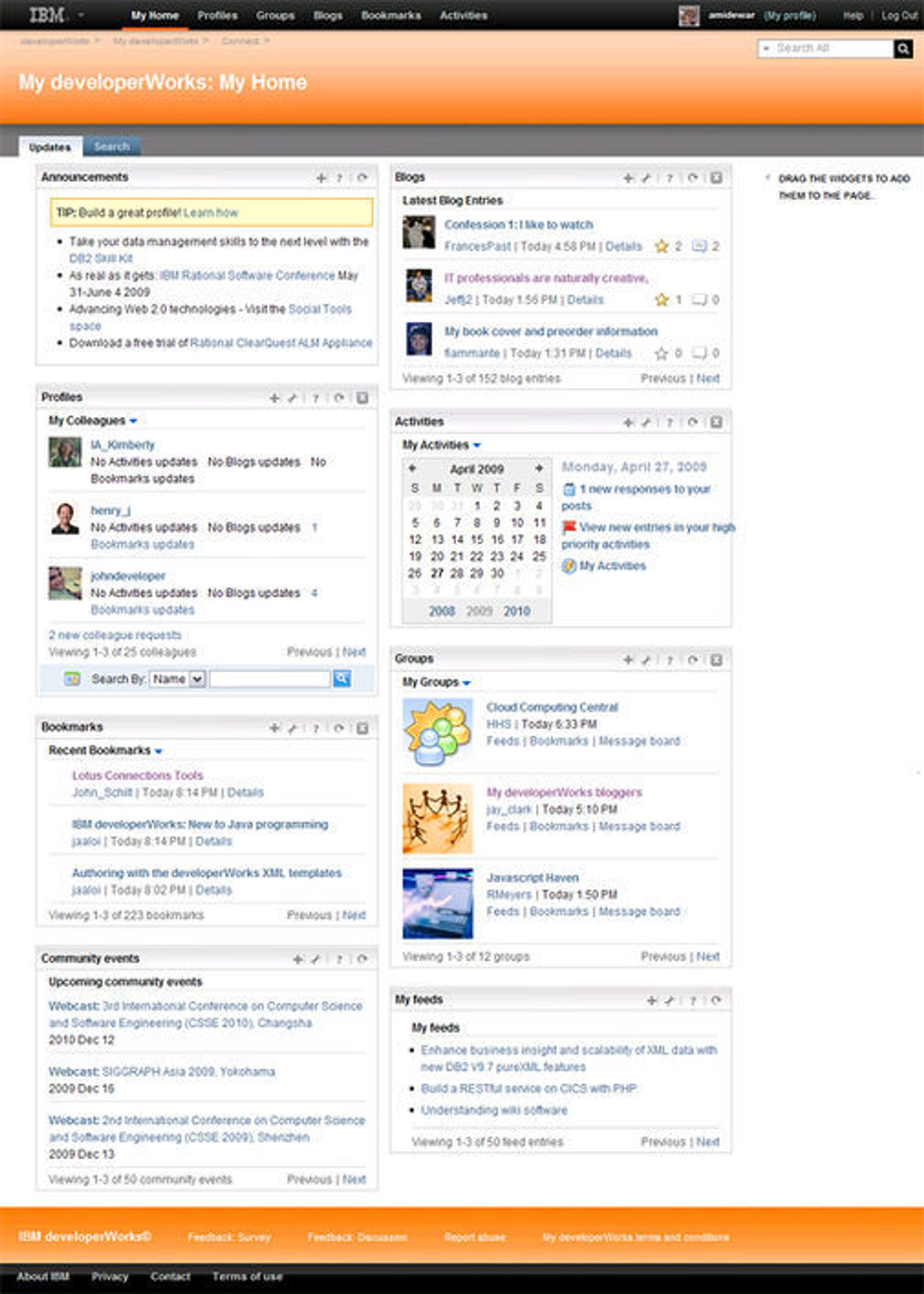 Eksempel på brukertilpasset hjemmeside i My developerWorks