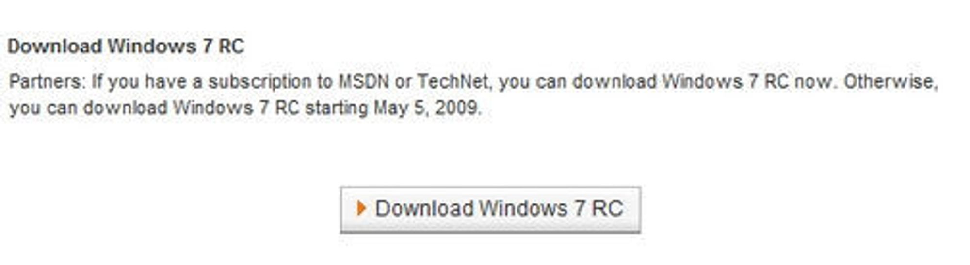 Utsnitt fra Microsofts Partner Program-side med nedlastingslenke til Windows 7 RC. Bilde: Arstechnica.
