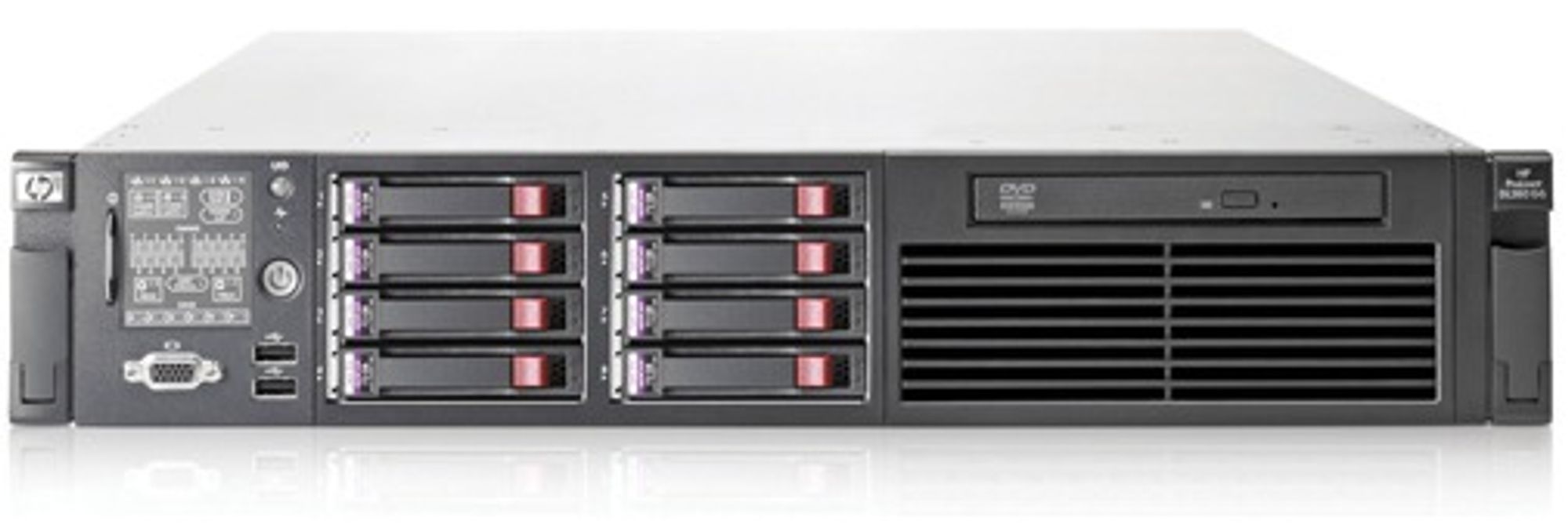 HP Proliant DL380 har plass til åtte disker. Valgmulighetene er SAS, SATA eller SSD.