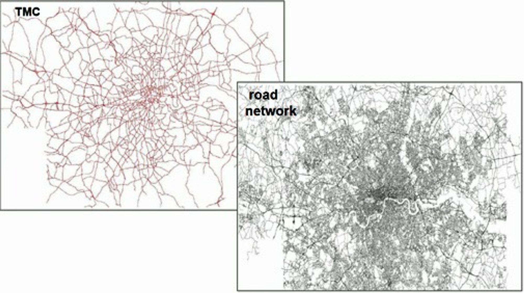 TMC-inforamsjonen for London, sammenlignet med det faktiske veinettet. Illustrasjon: TomTom.