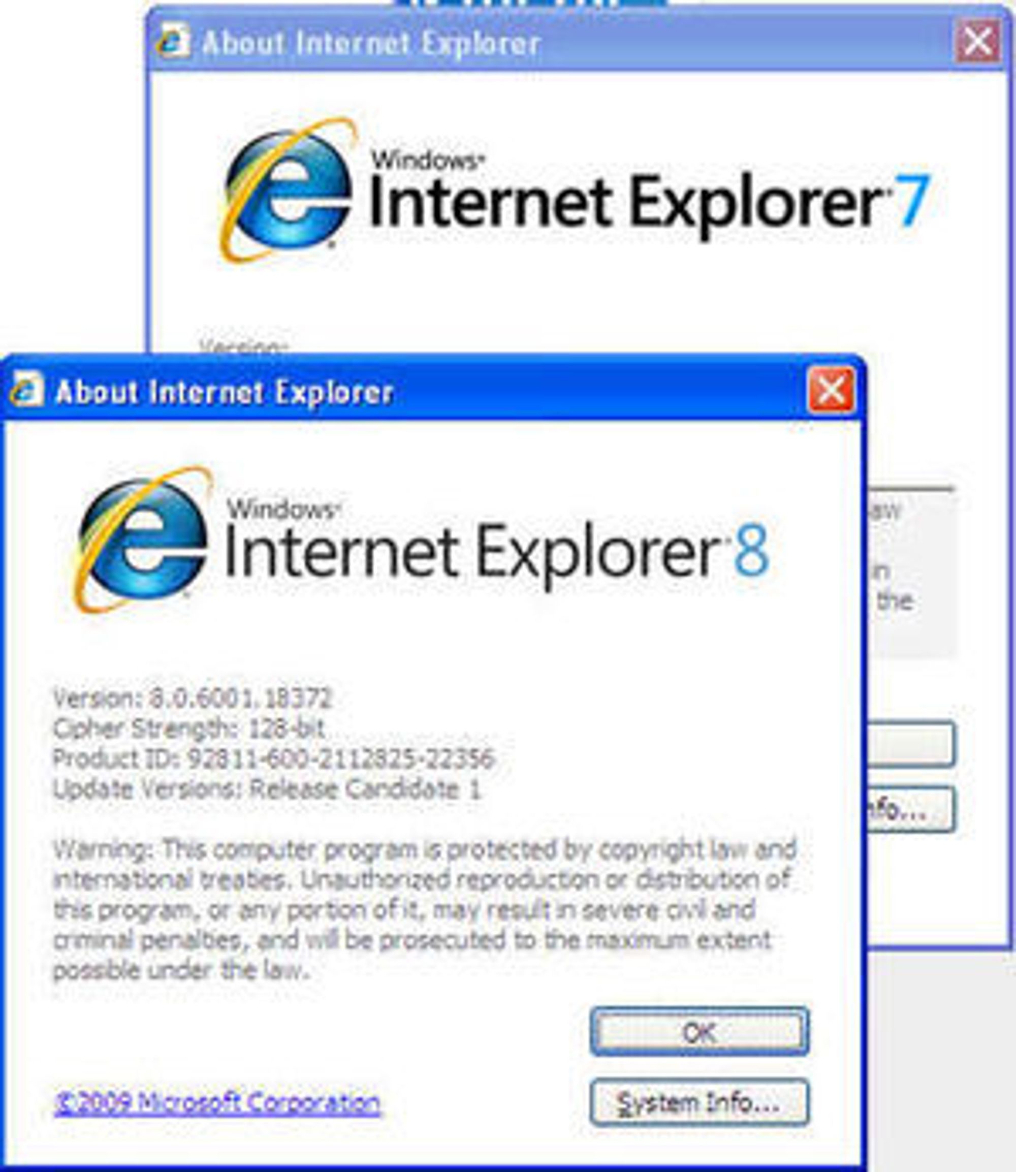 Portable versjoner av Internet Explorer 7 og 8 Release Candidate kjøres samtidig på den samme maskinen.