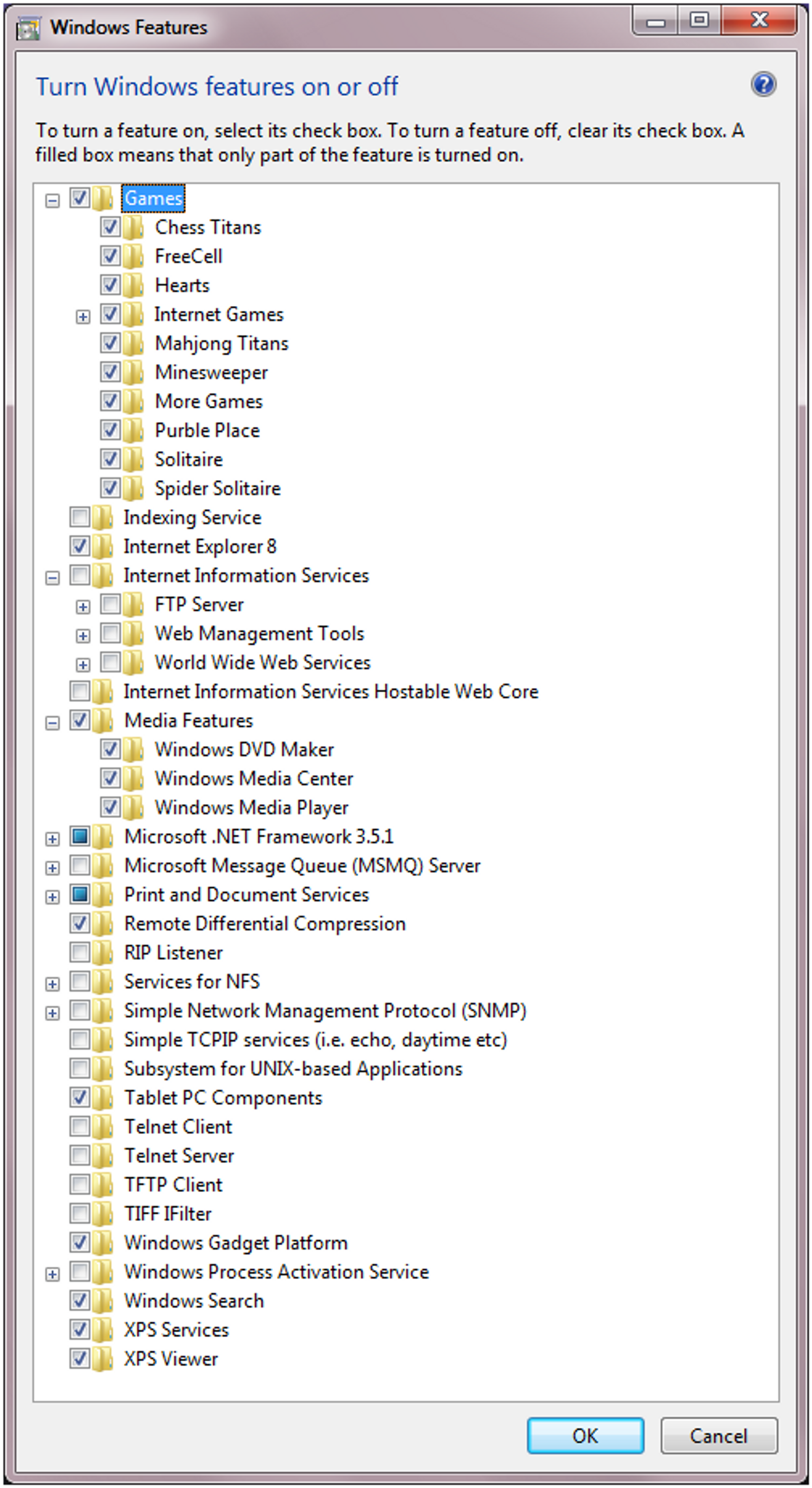 Windows-funksjonalitet som kan skrus av eller på i Windows 7.