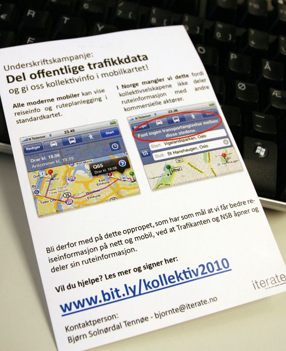 Krever ruteopplysninger i mobilkartet: Tennøe delte ut løpesedler på årets Javazone-konferanse.