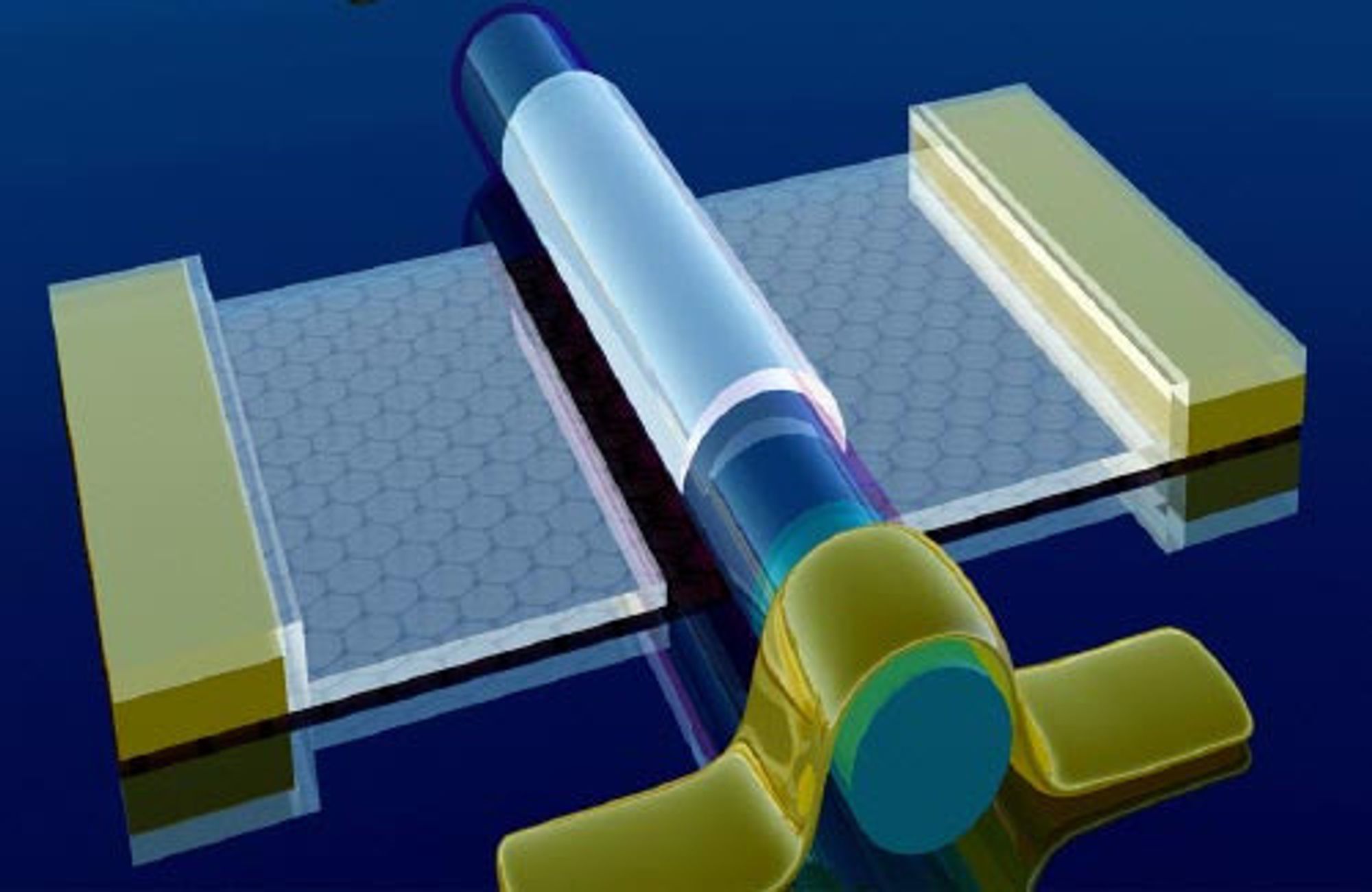 Grafen-basert transistor med nanotråd som port. Grafenmaterialet vises som et bikake-formet mønster. Nanorøret er en sylinderformede delen som ligger over grafenen.