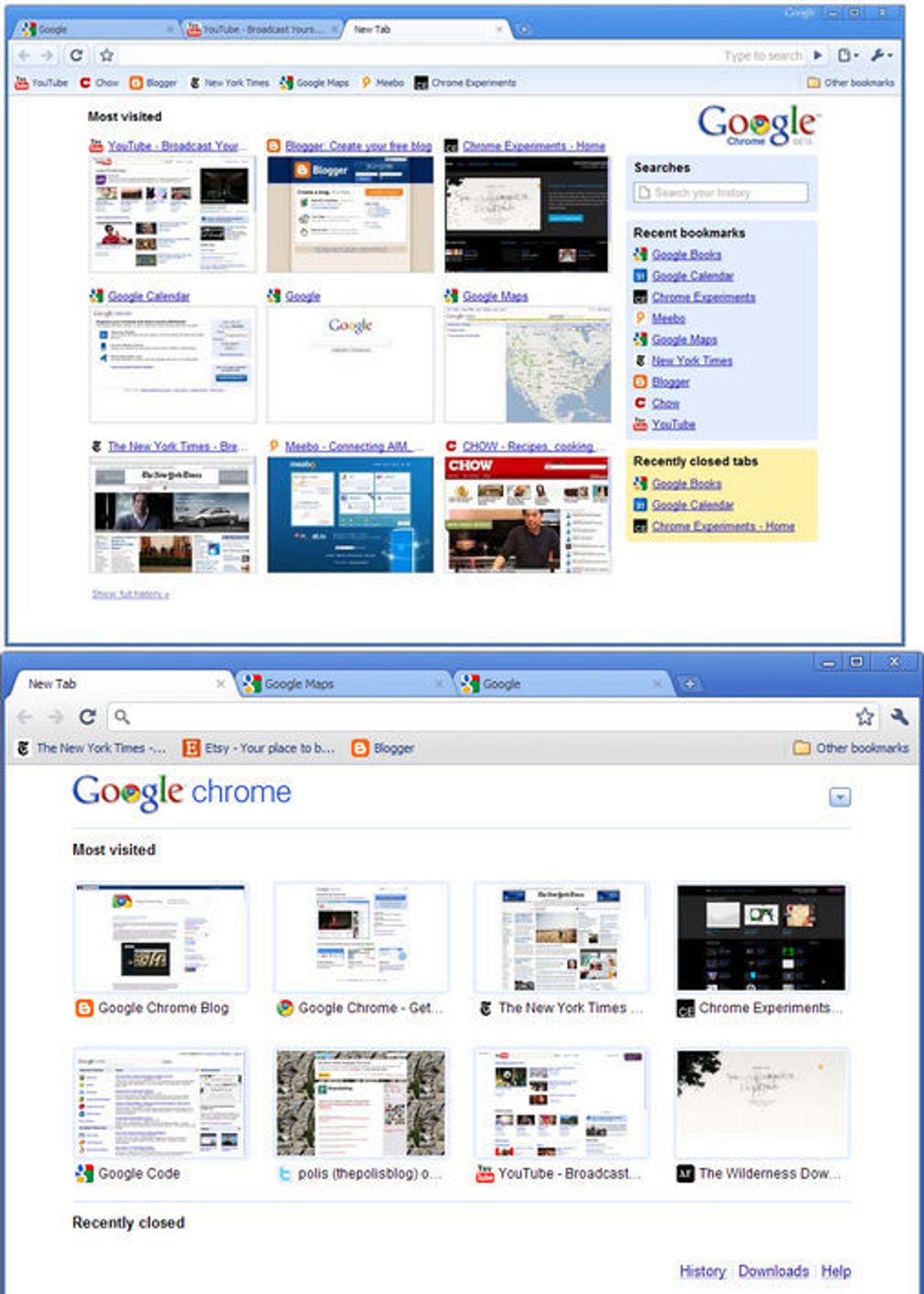 Google Chrome 1 beta (øverst) sammenlignet med Chrome 6 (nederst).