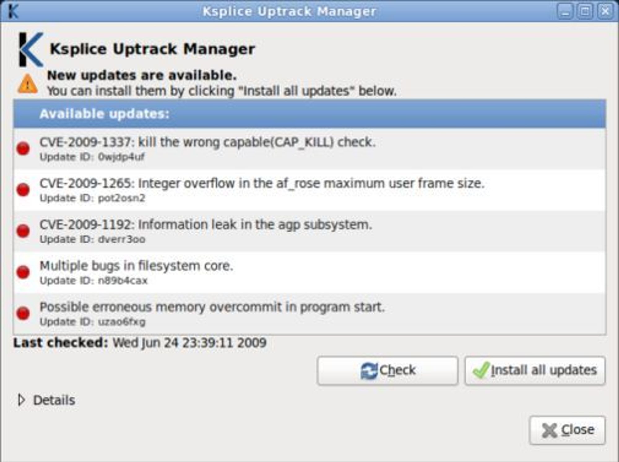 Ksplice Uptrack Manager varsler brukeren når nye oppdateringer er tilgjengelige.