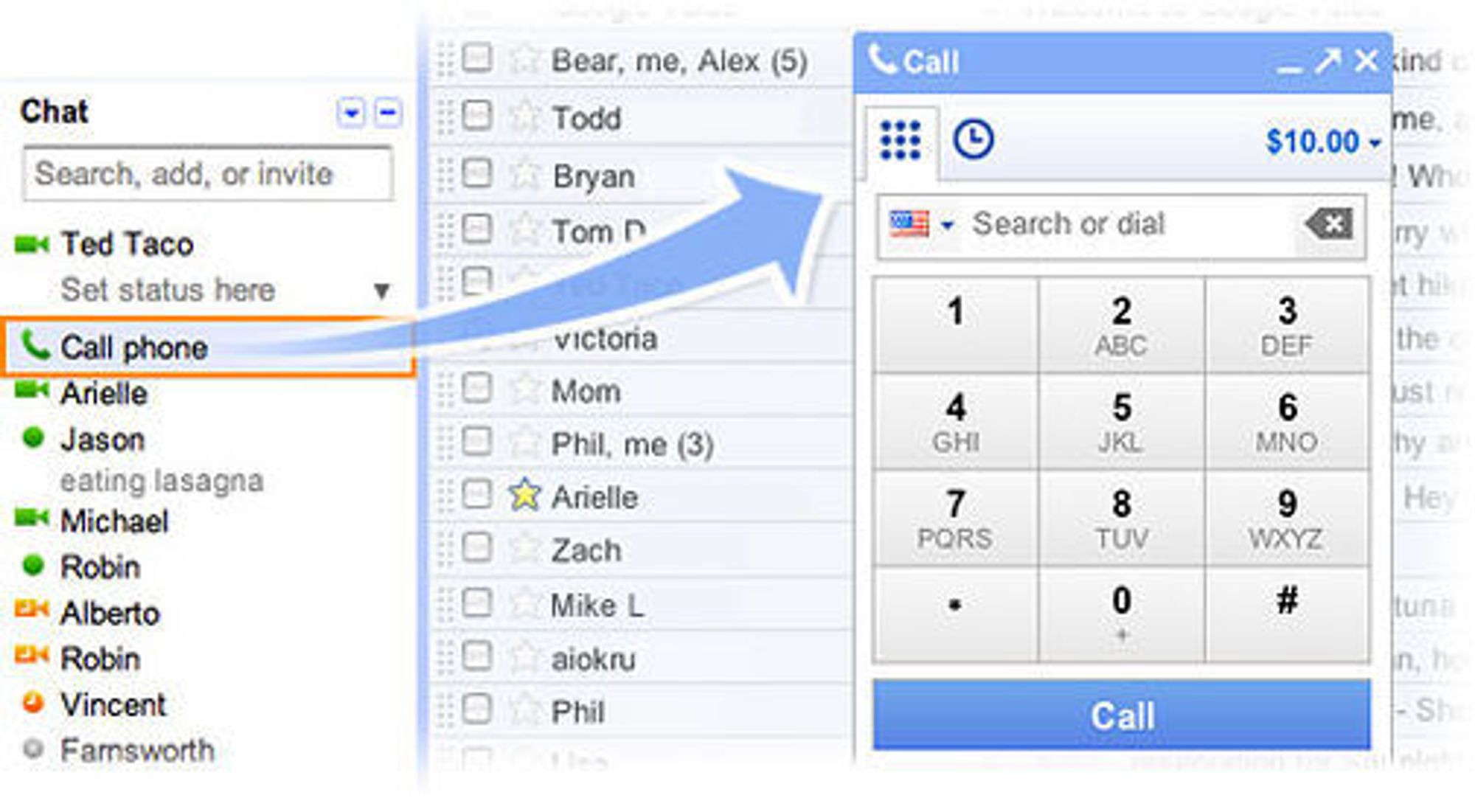 Med den nye Gmail-integrerte tjenesten kan man ringe til vilkårlige numre, til Gmail-kontaktene eller ved å klikke på telefon nummer oppgitt på websider.