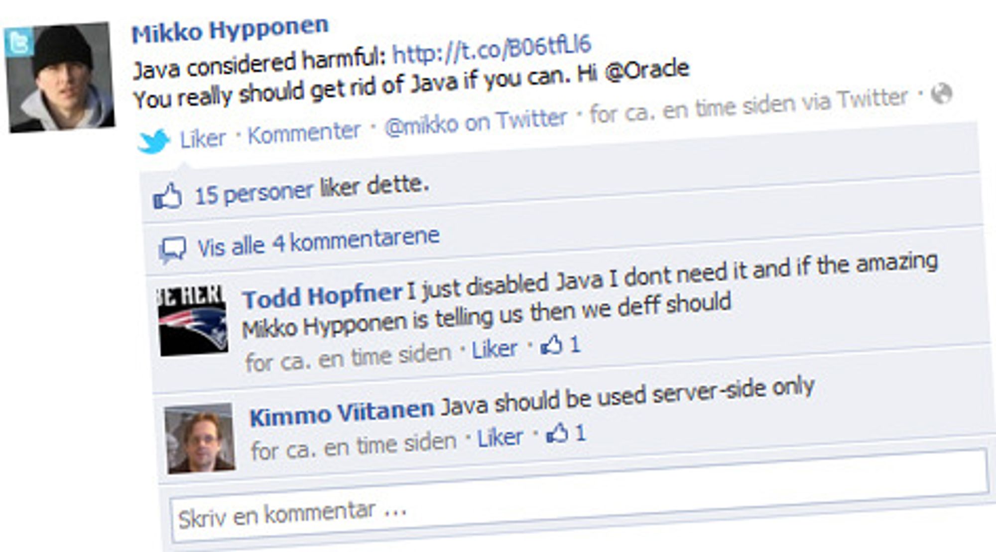 Du bør snarest kvitte deg med Java på maskinen. Hvis du kan, skriver Mikko Hyppönen i diverse sosiale nettjenester.