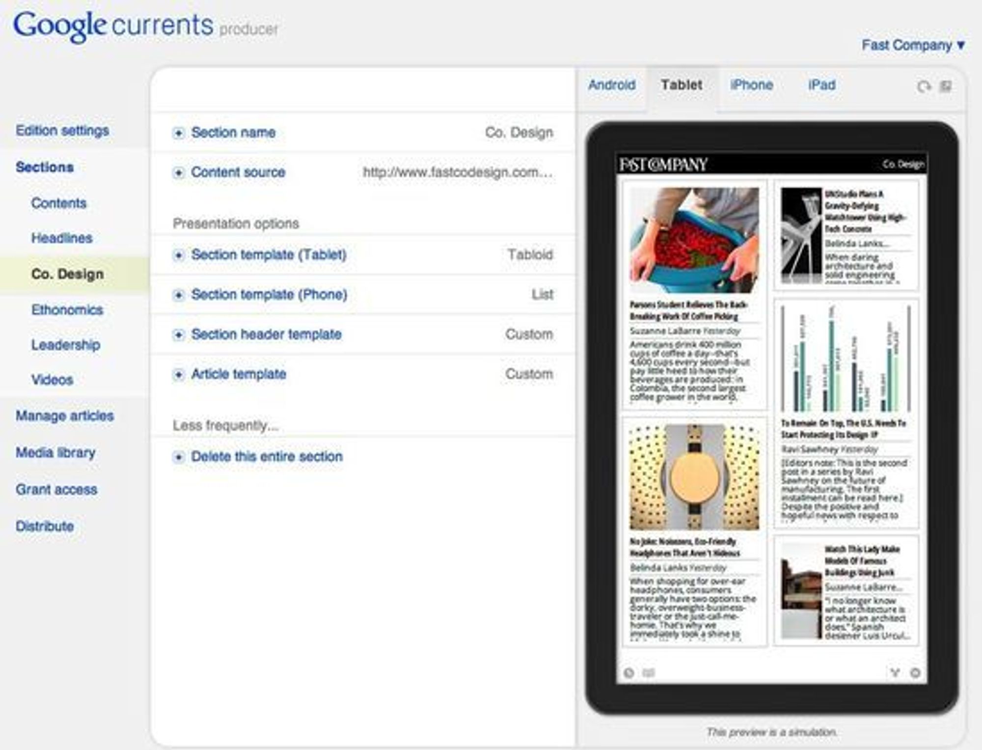 Google Currents Producer, verktøyet hvor innholdsleverandører kan opprette en Currents-utgave av innholdet.