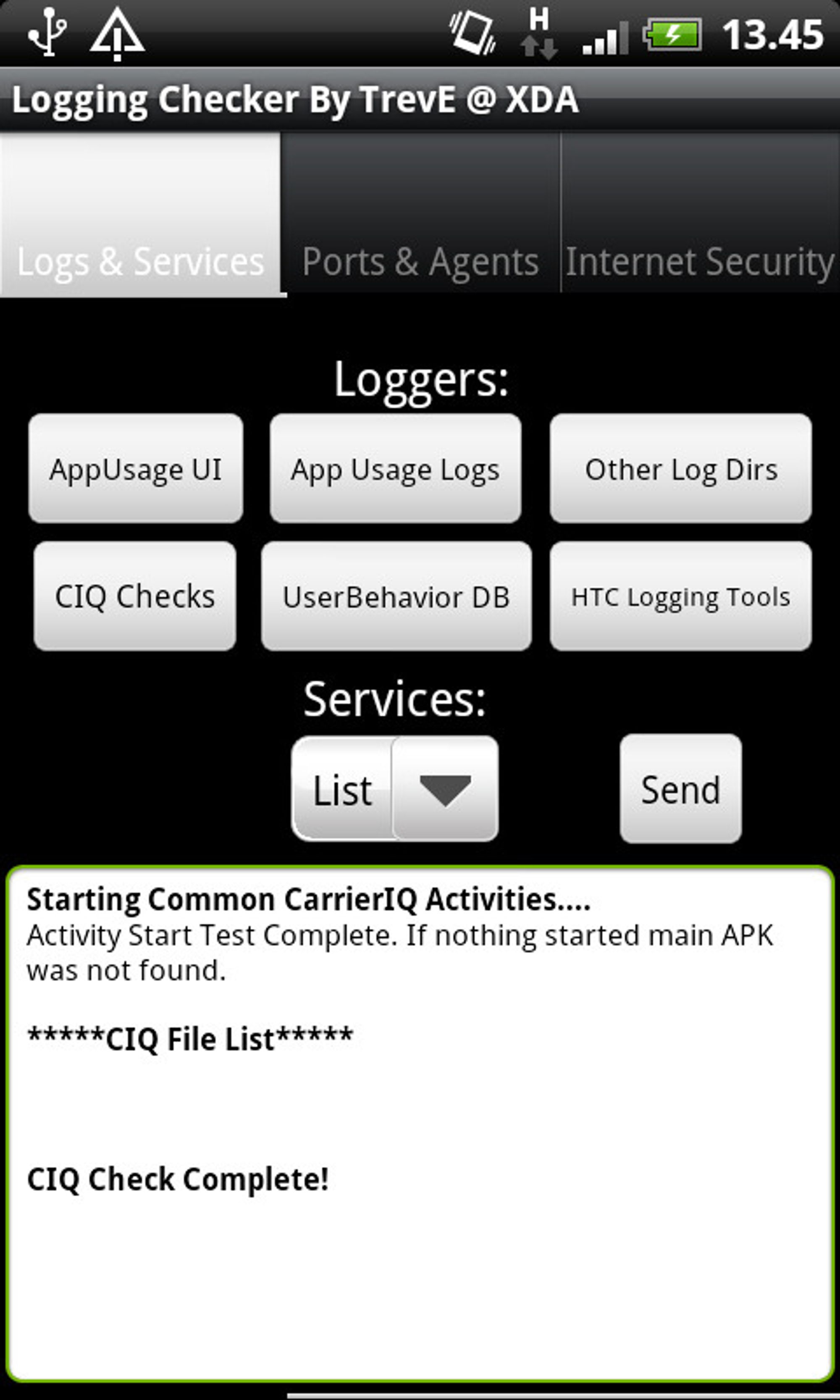 Resultatet av utført sjekk etter Carrier IQ i applikasjonen Logging Checker.