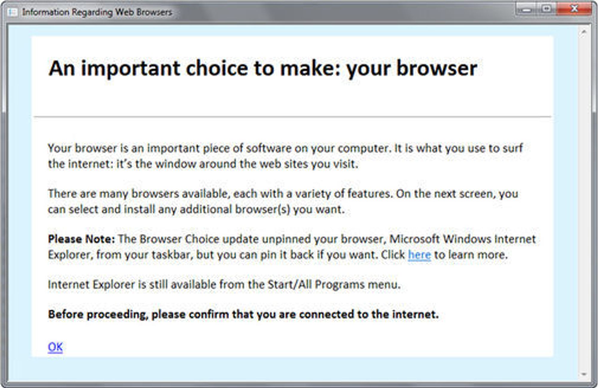 Beskjeden som Windows-brukerne vil bli møtt med.
