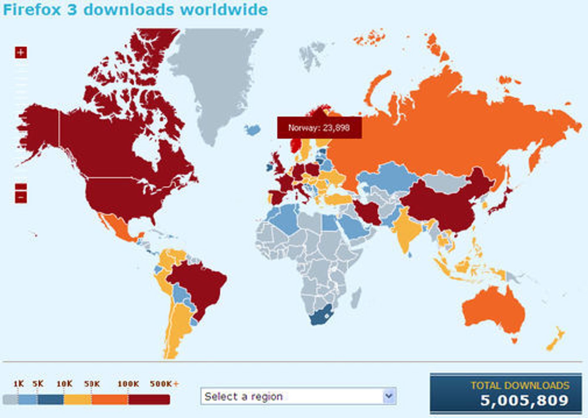 Antallet nedlastinger av Firefox 3 klokken 09:55.