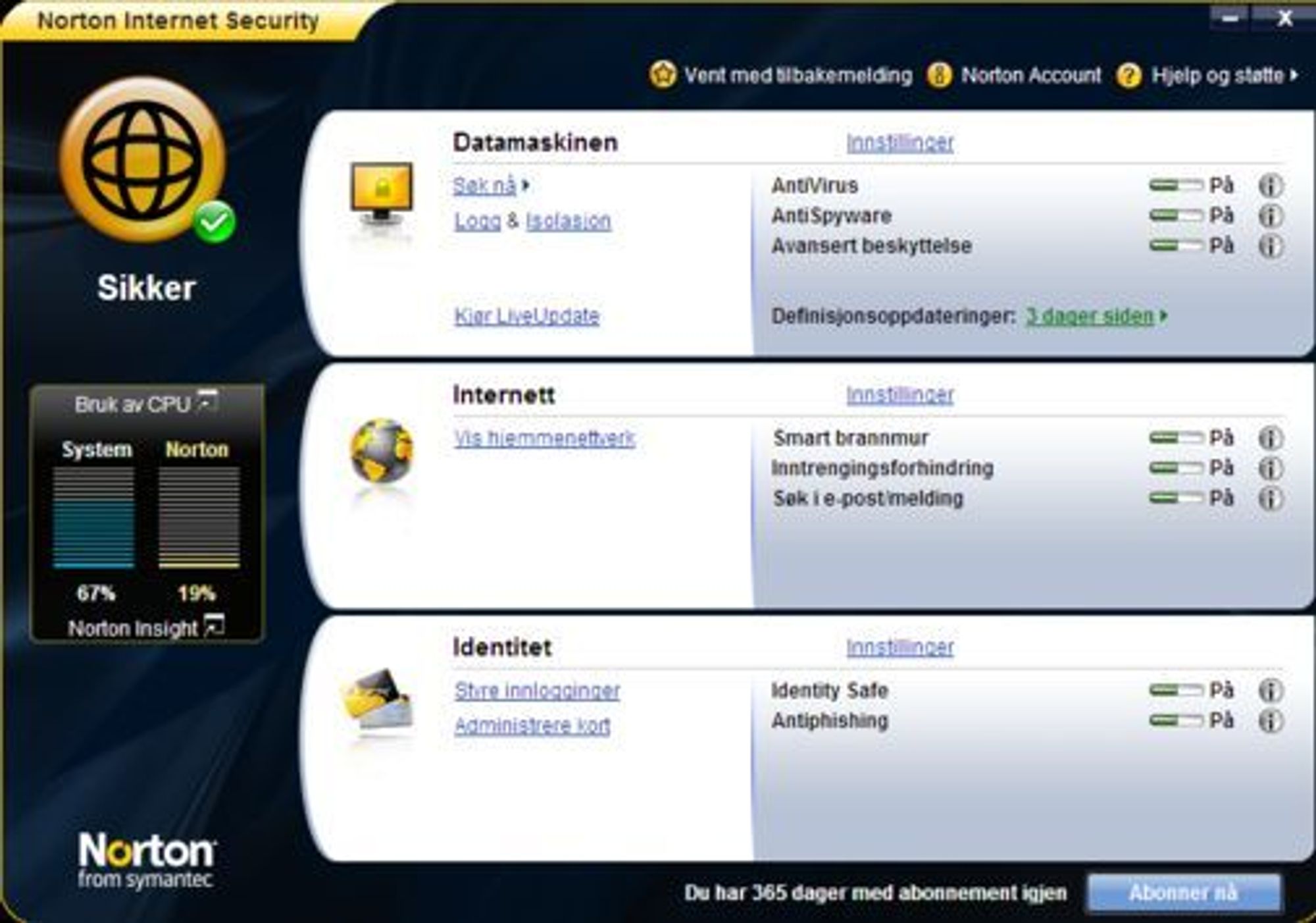 Hovedskjermbildet i Norton Internet Security informerer også om belastningen på pc-en.
