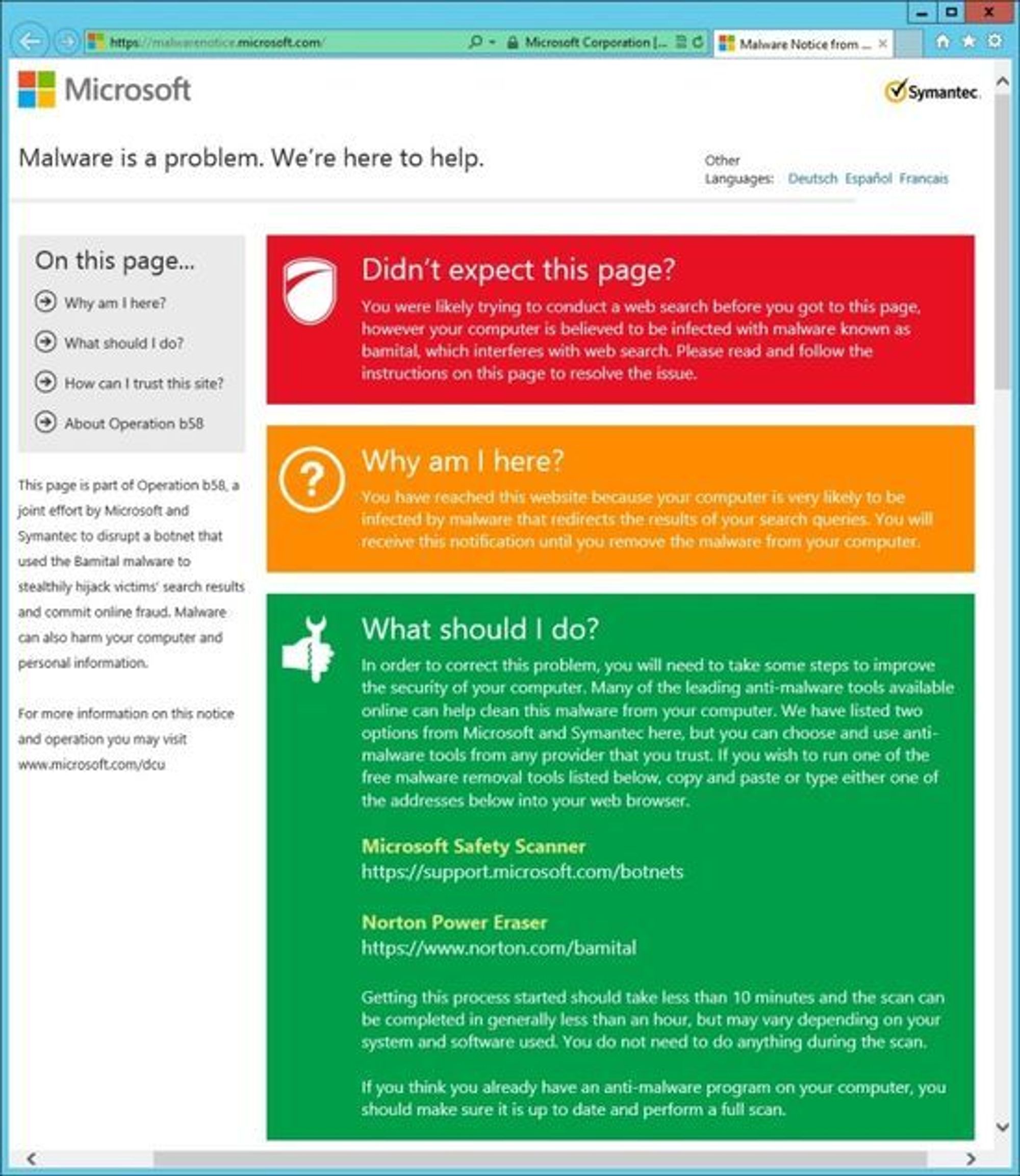 Informasjonsside hos Microsoft om Bamital-nettverket og hvordan dette fjernes.
