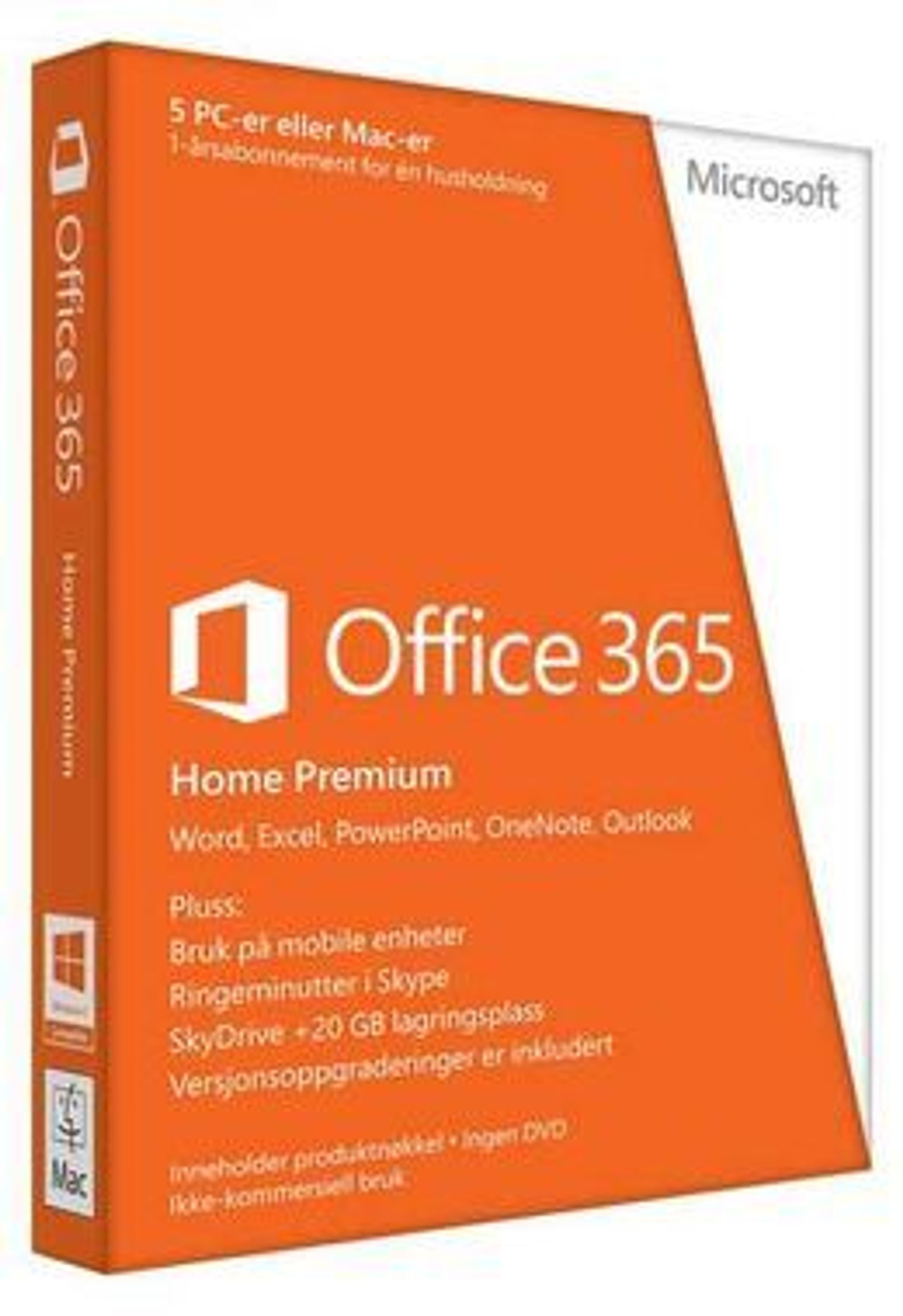 Office 365 Home Premium tilbys også på boks. Legg merke til teksten helt nederst: Inneholder produktnøkkel, ingen DVD.