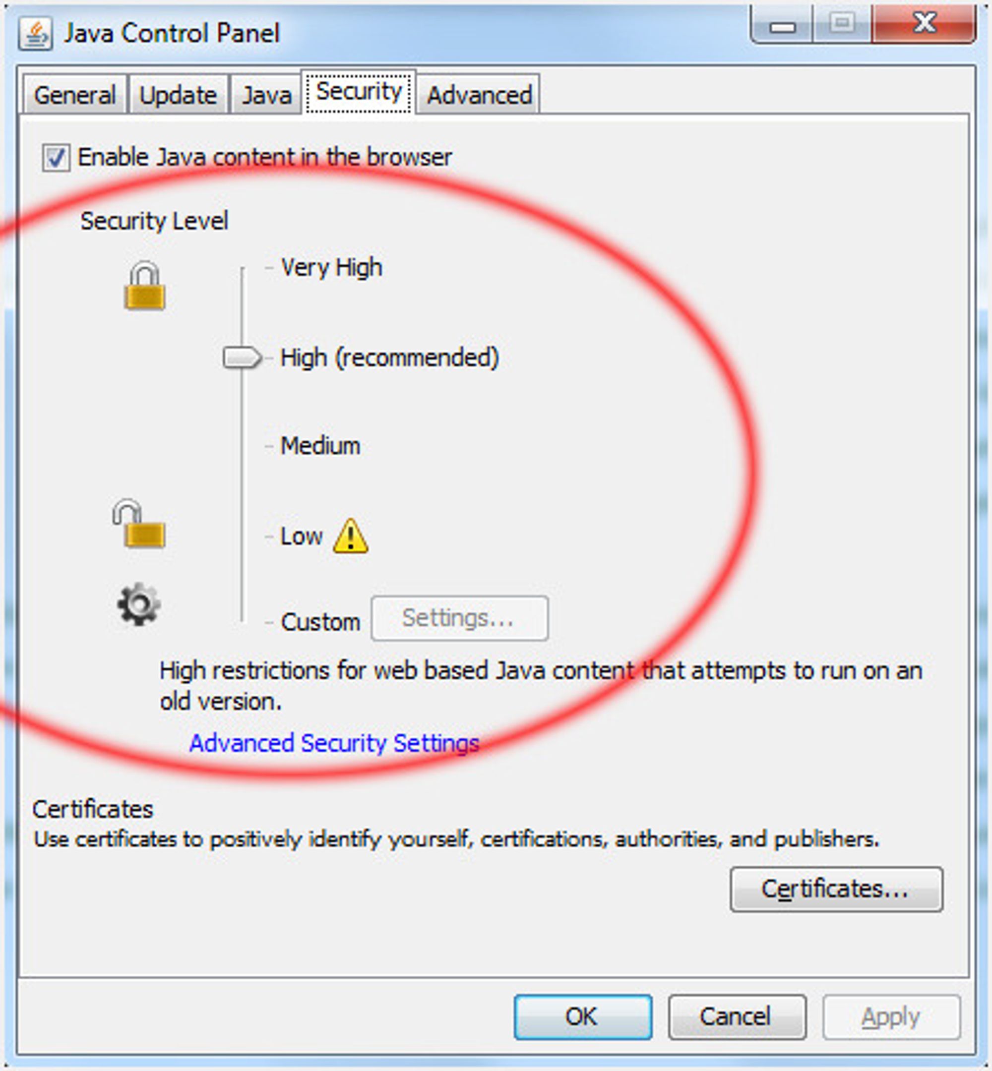 Standard sikkerhetsnivå i Java 7 ble økt fra Medium til High med den nyeste oppdateringen.