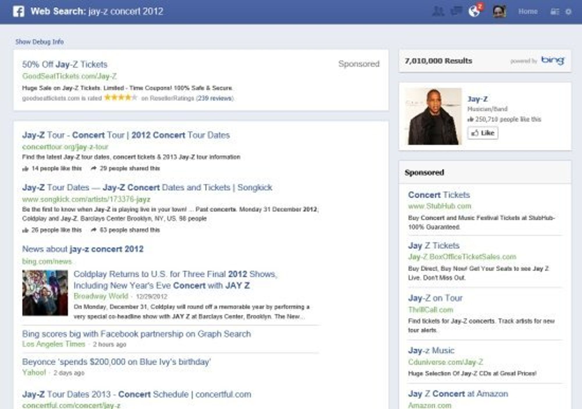 Resultatene fra Bing-søket vises til venstre, mens Facebooks egne treff vises til høyre.